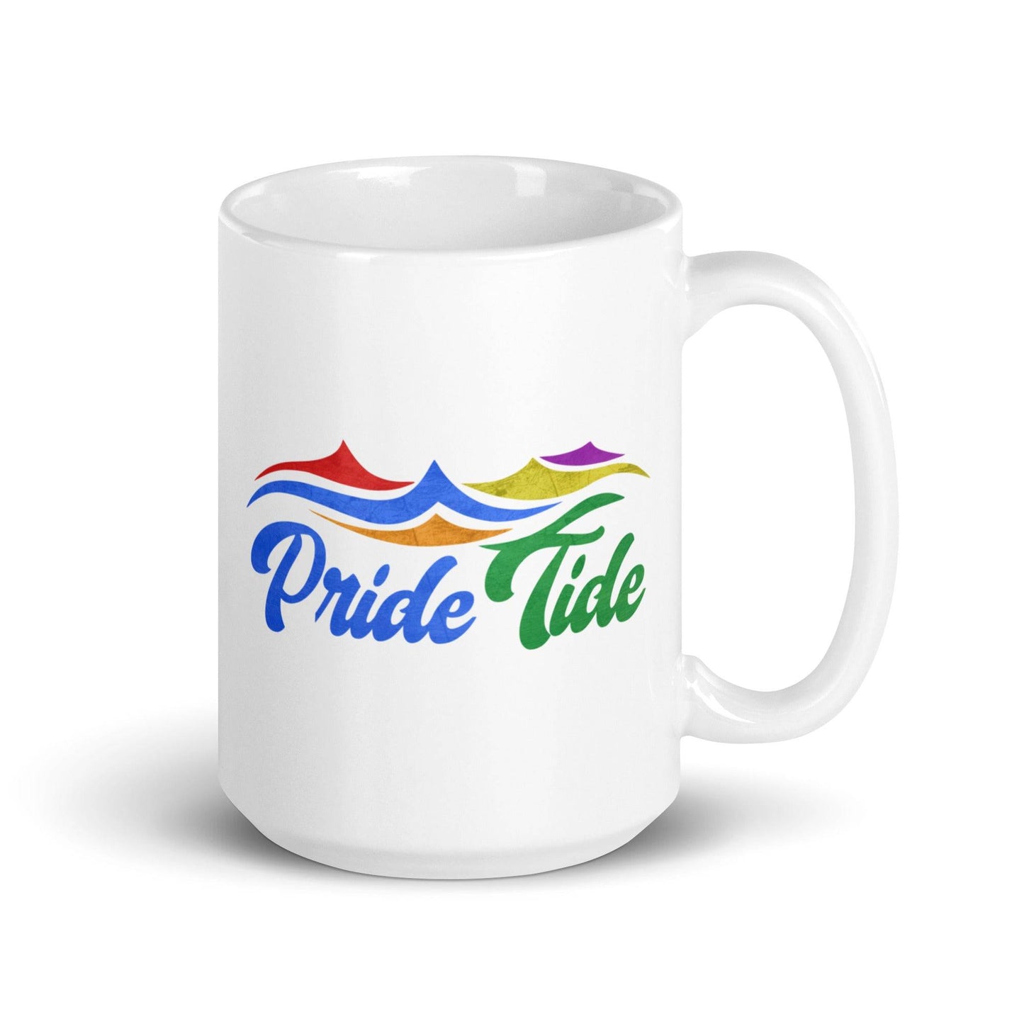 The Pride Tide Mug by Pridelity features a striking design with the text "Pride Tide" in a stunning blue-to-green gradient. Above, captivating abstract wave shapes in red, orange, blue, and green add an artistic touch. As part of the 2025 pride collection, this mug celebrates diversity in vibrant style.