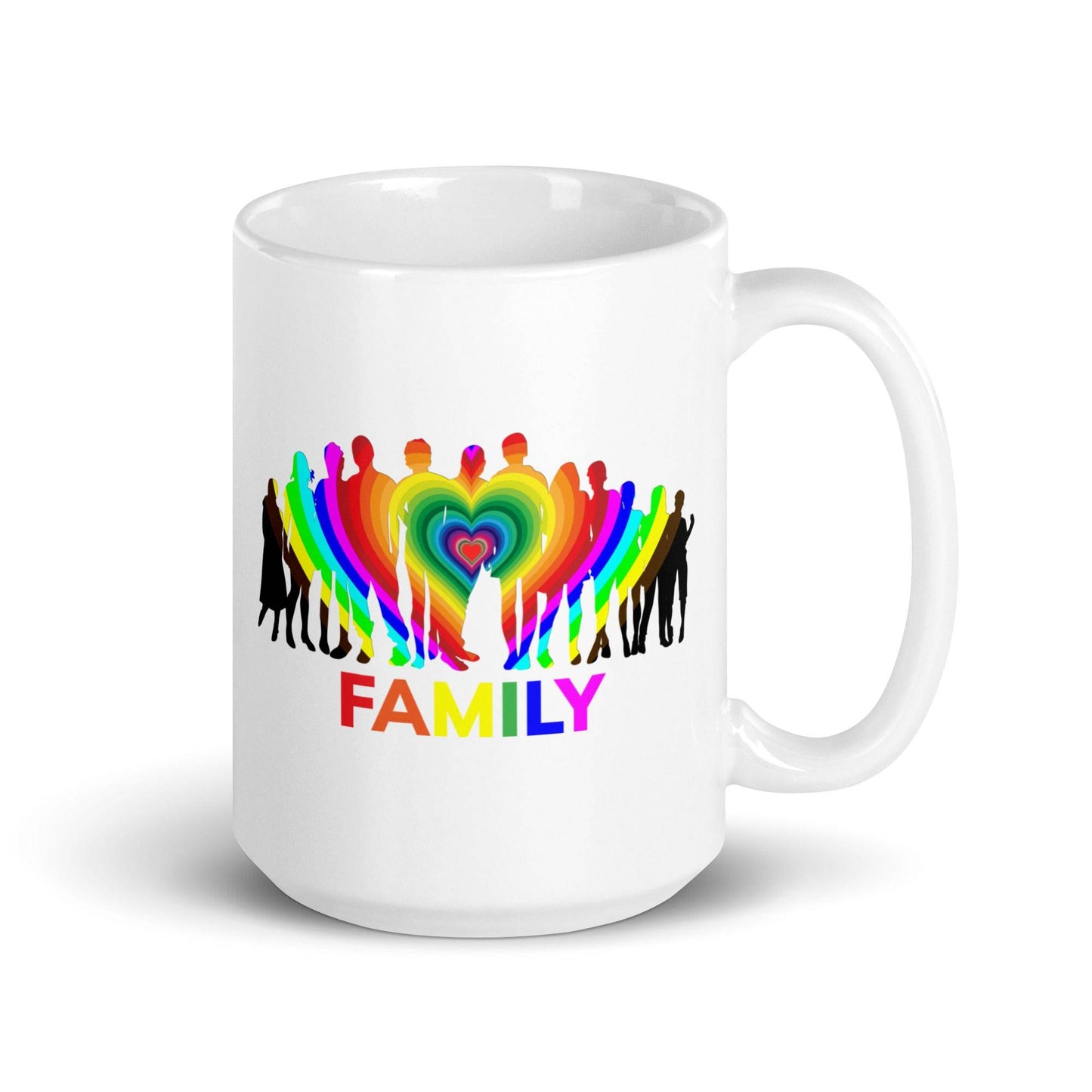 Introducing the "Family Mug" from Pridelity's top Pride collections for 2025. This white mug beautifully displays silhouettes of people with rainbow-colored hearts encircling them, symbolizing unity. The vibrant rainbow letters spell out the word "FAMILY" beneath the design.
