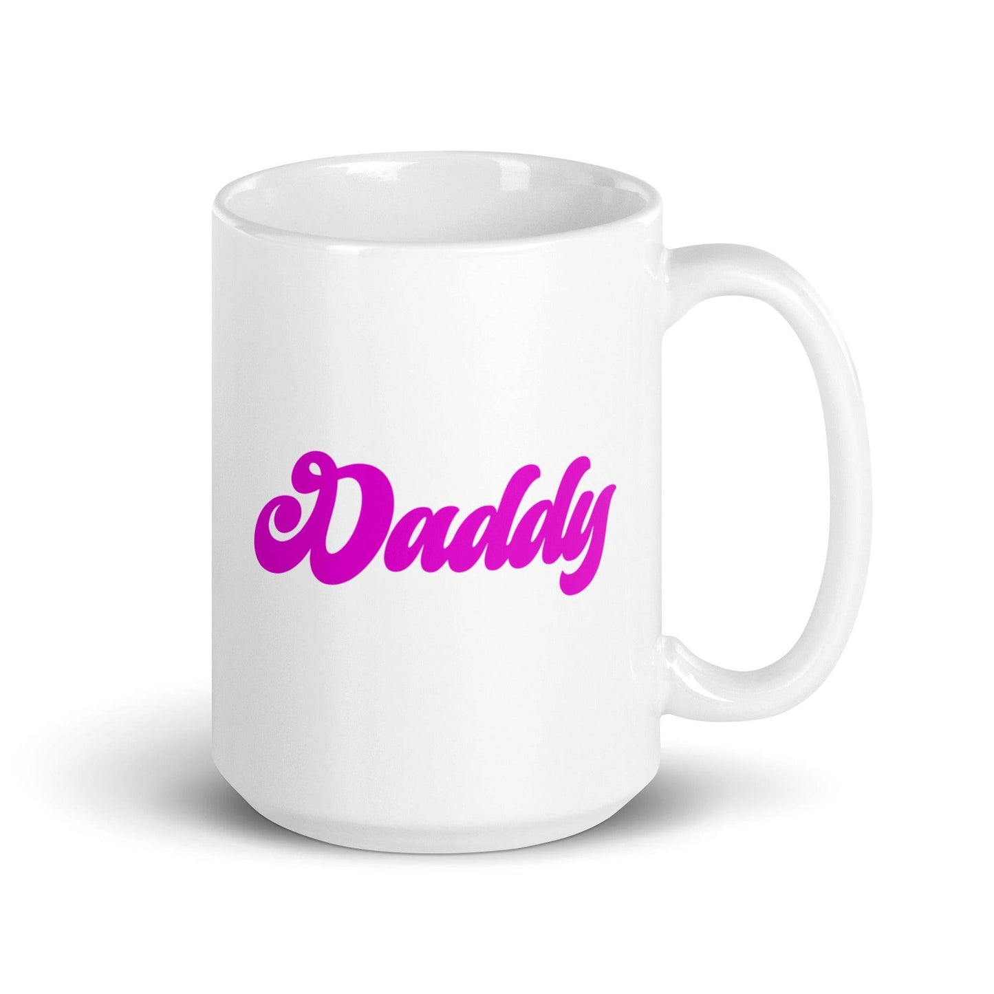 The Pridelity Daddy Mug is a white mug featuring the word "Daddy" in bold, pink script on one side, making it perfect for celebrating Pride.