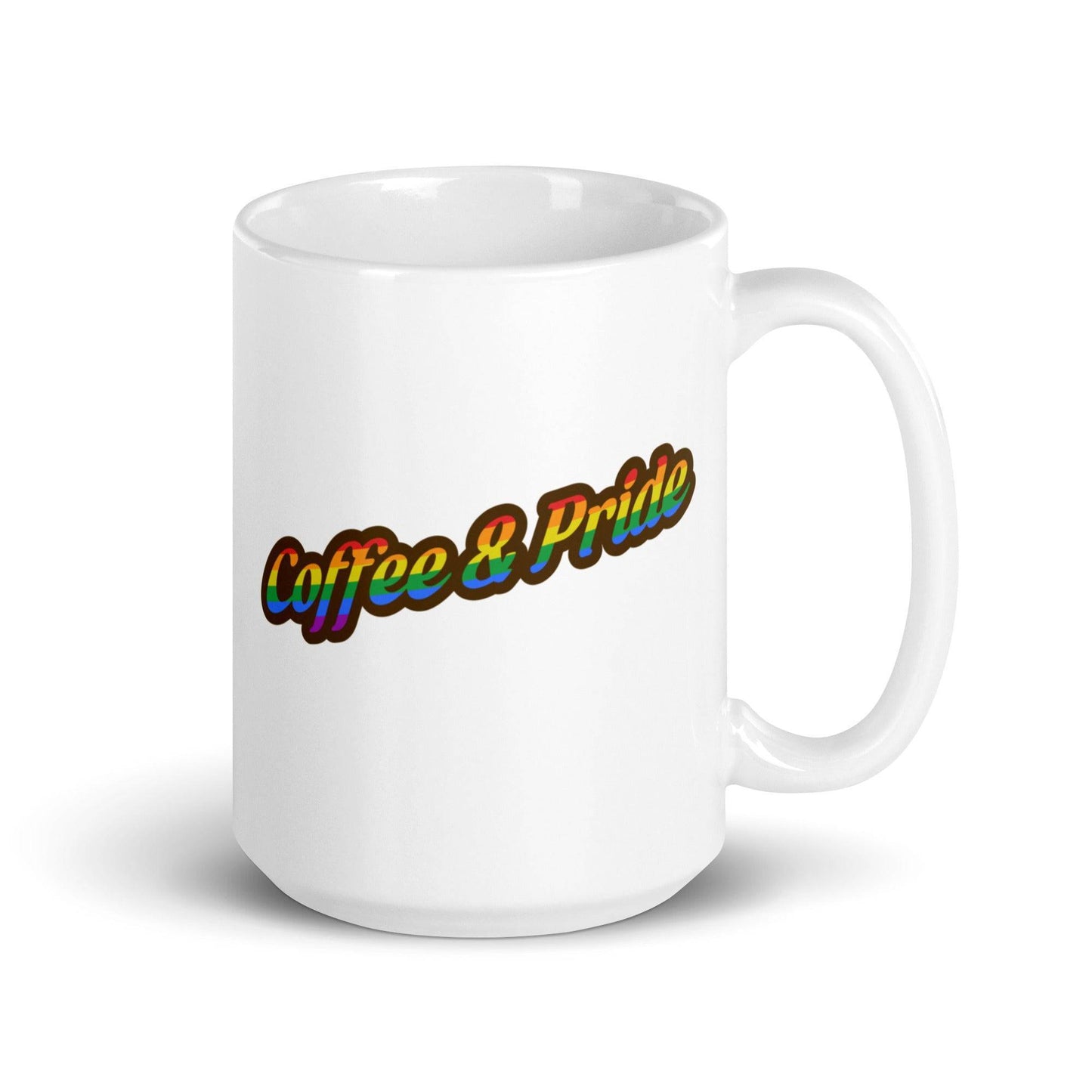 The Coffee & Pride Mug by Pridelity showcases the words "Coffee & Pride" in vibrant rainbow-gradient lettering diagonally across its white surface, maintaining a simple and elegant background.