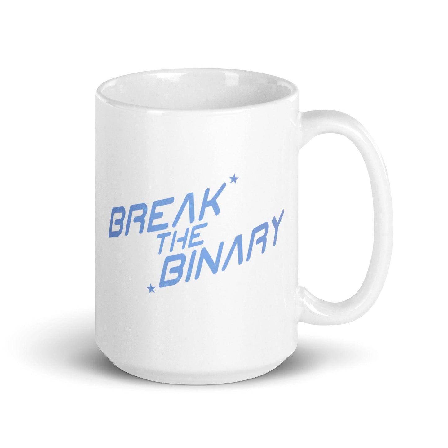 The Break The Binary Mug by Pridelity features light blue text with the words "Break the Binary" in a bold, stylized font and is part of our exclusive Pride Collections.