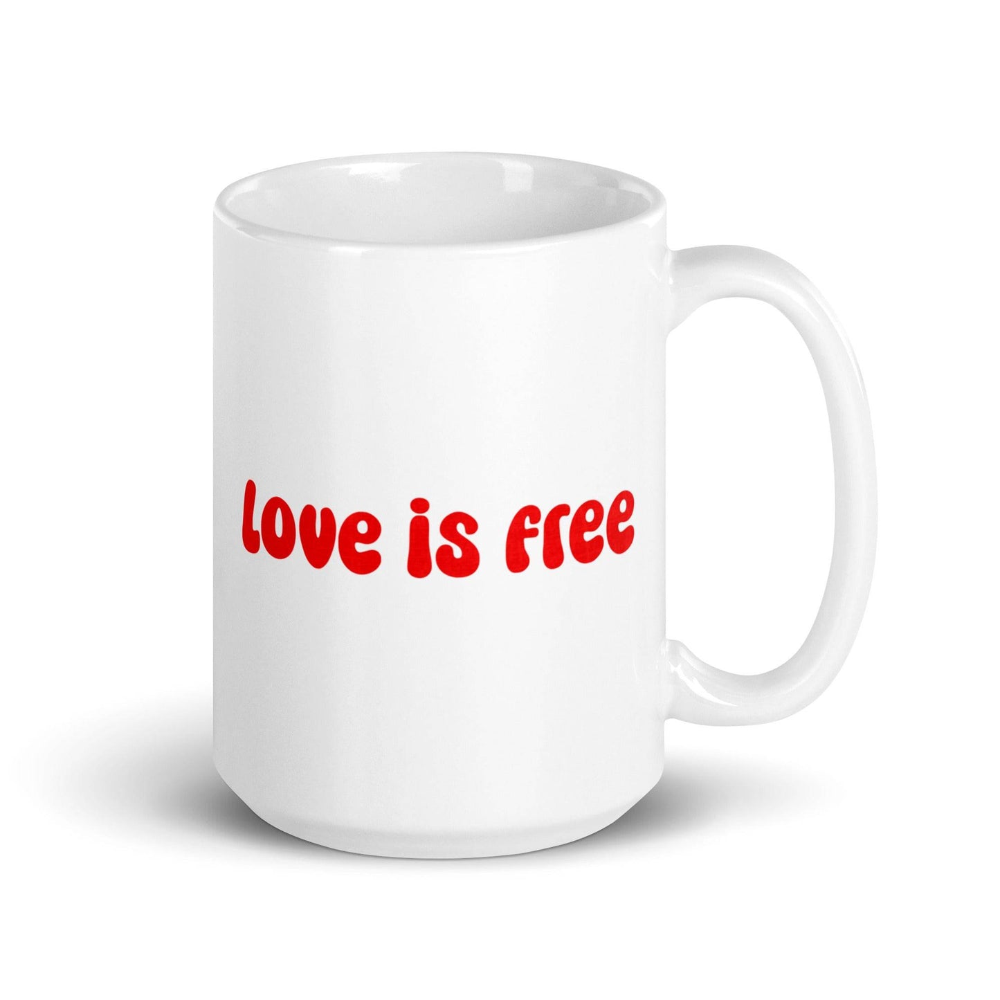 Introducing the "Love Is Free Mug" from Pridelity's Pride Collections 2025, this white mug showcases a simple design featuring the phrase "love is free" in bold red letters. Celebrating love in all its forms, it comes with a sturdy handle for everyday use.