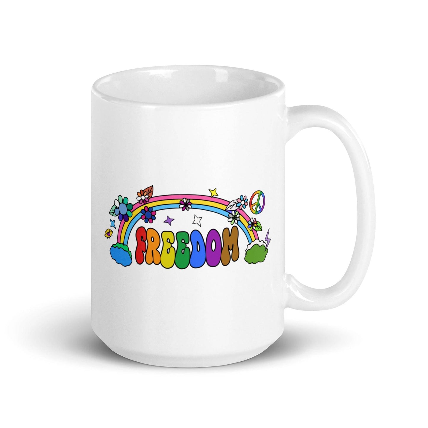 Introducing the Freedom Mug from Pridelity's top Pride Collections 2025, featuring the word "FREEDOM" in vibrant, bold letters. The design is enhanced with a rainbow adorned with flowers, stars, and a peace sign for a lively and playful touch.