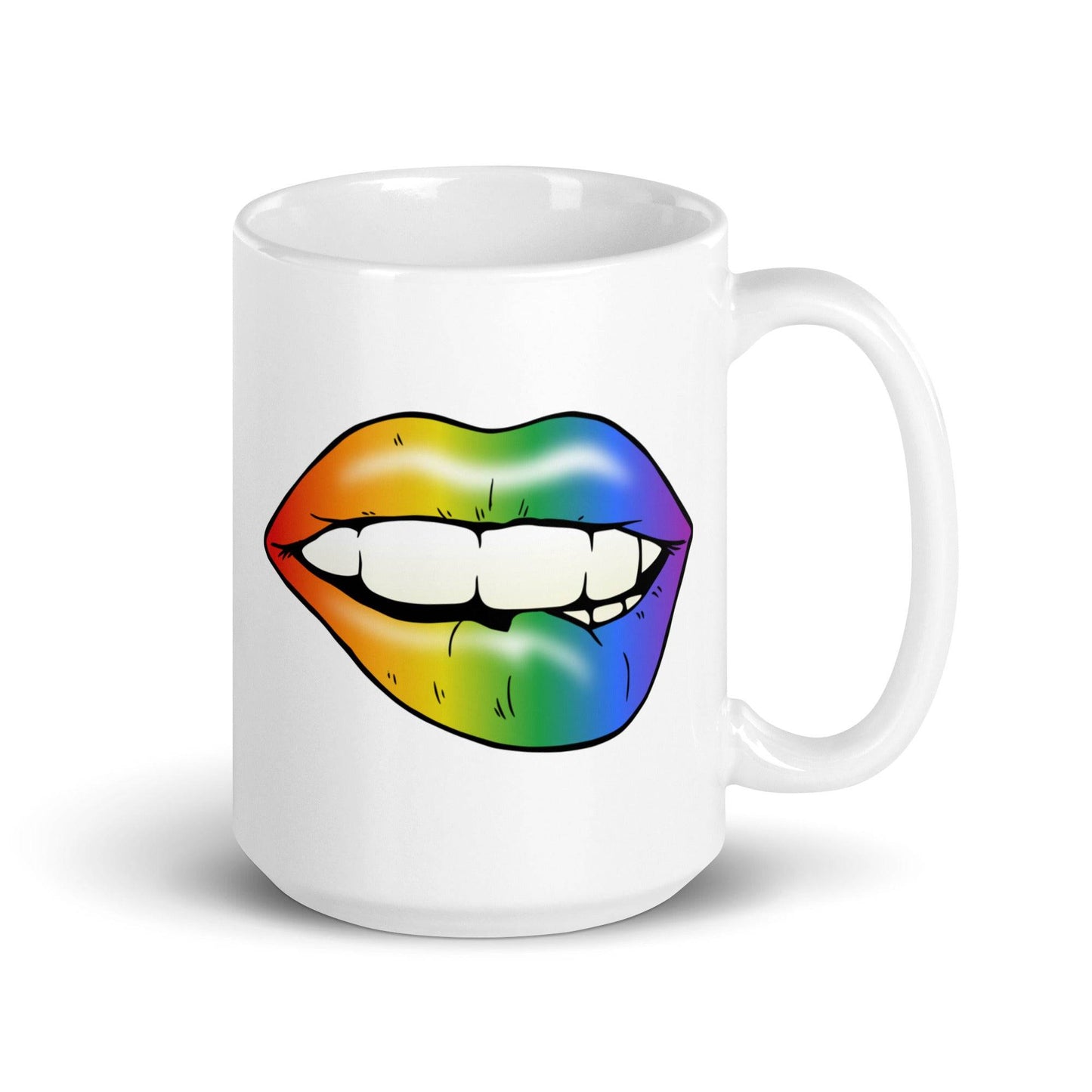 Explore Pridelity's 2025 pride collection with the Flirty Lips Mug, featuring an illustration of lips embellished in a vibrant rainbow gradient on a white background.