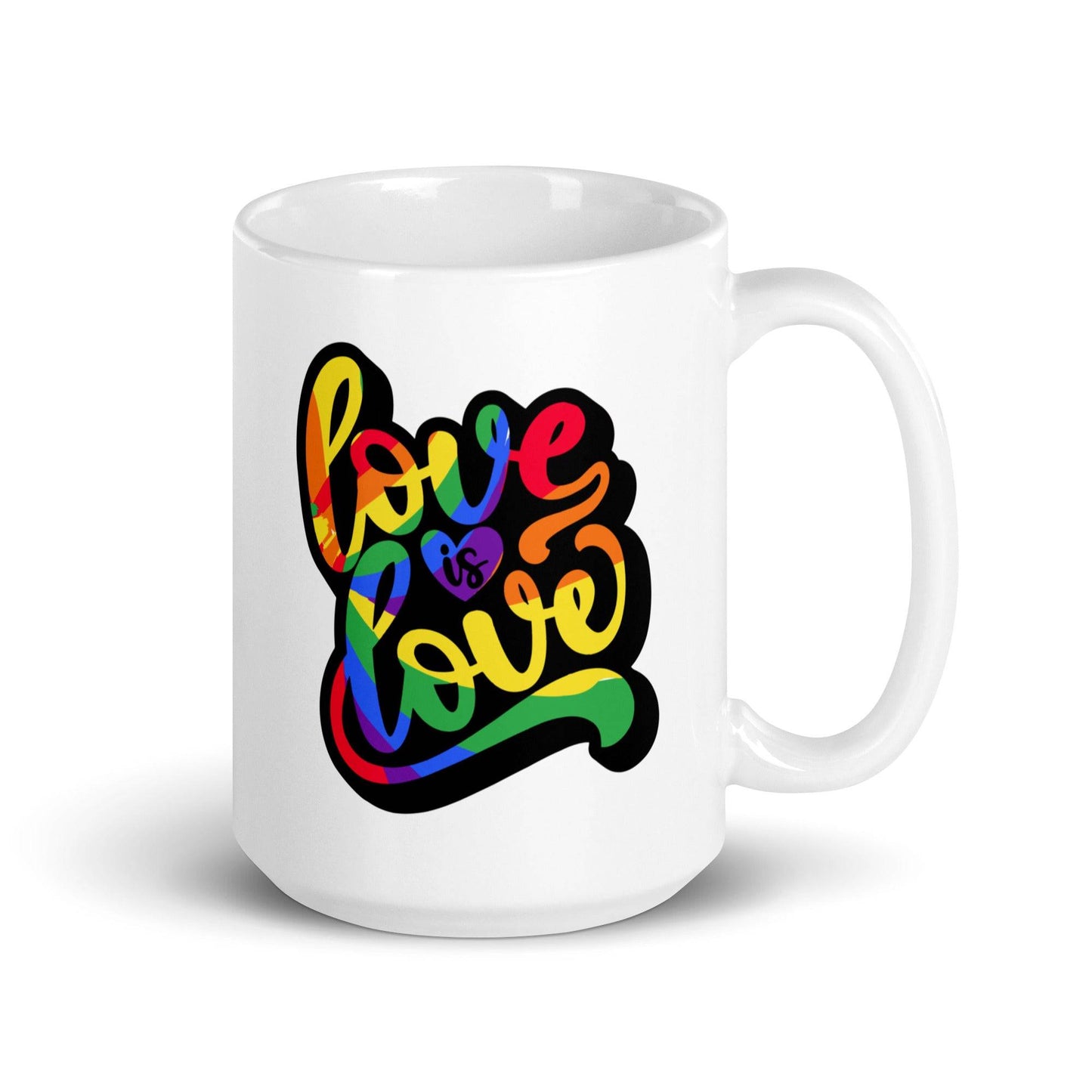 The "Love Is Love Mug" by Pridelity showcases the message "Love is Love" in vibrant, rainbow-themed letters. Celebrating LGBTQ+ pride, this white mug is a part of the Pride Collections 2025 and embodies inclusivity and equality.