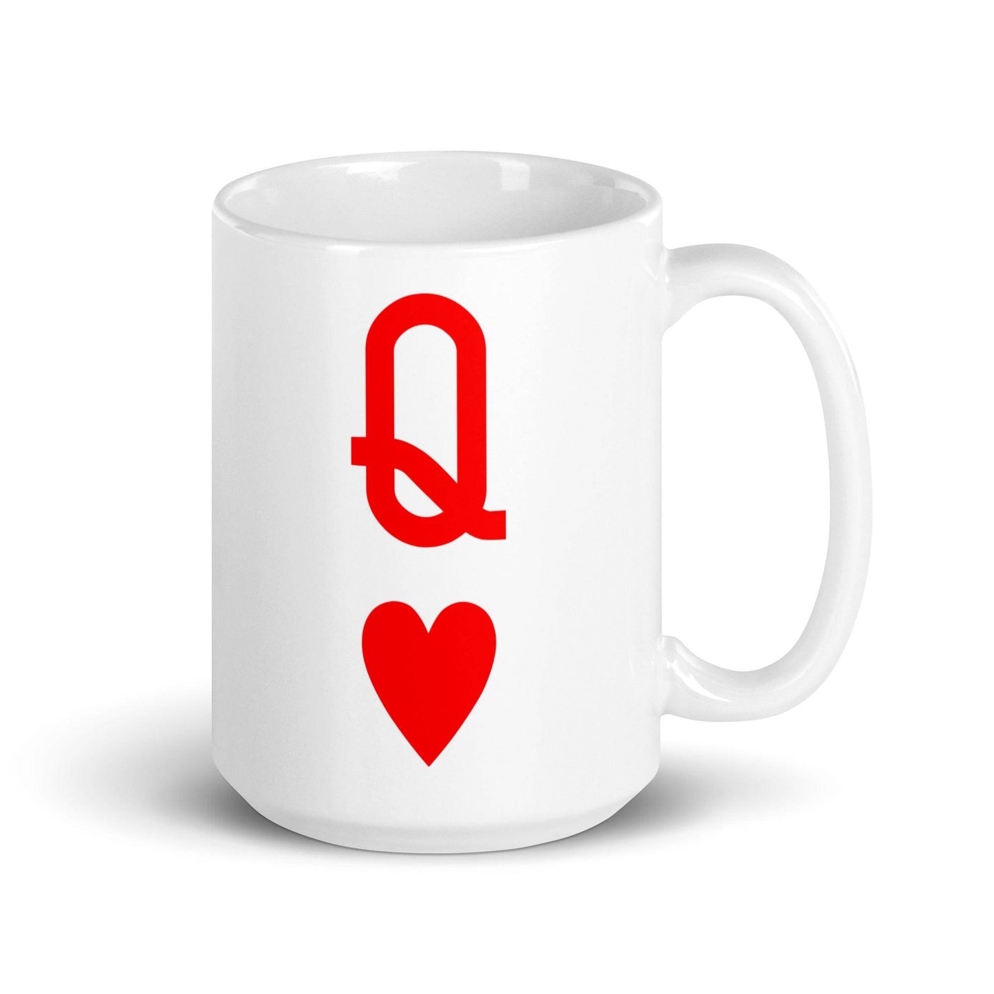 The Queen Of Hearts Mug by Pridelity showcases a white mug with a red "Q" above a red heart symbol, and it is part of the Pride Collections 2025.