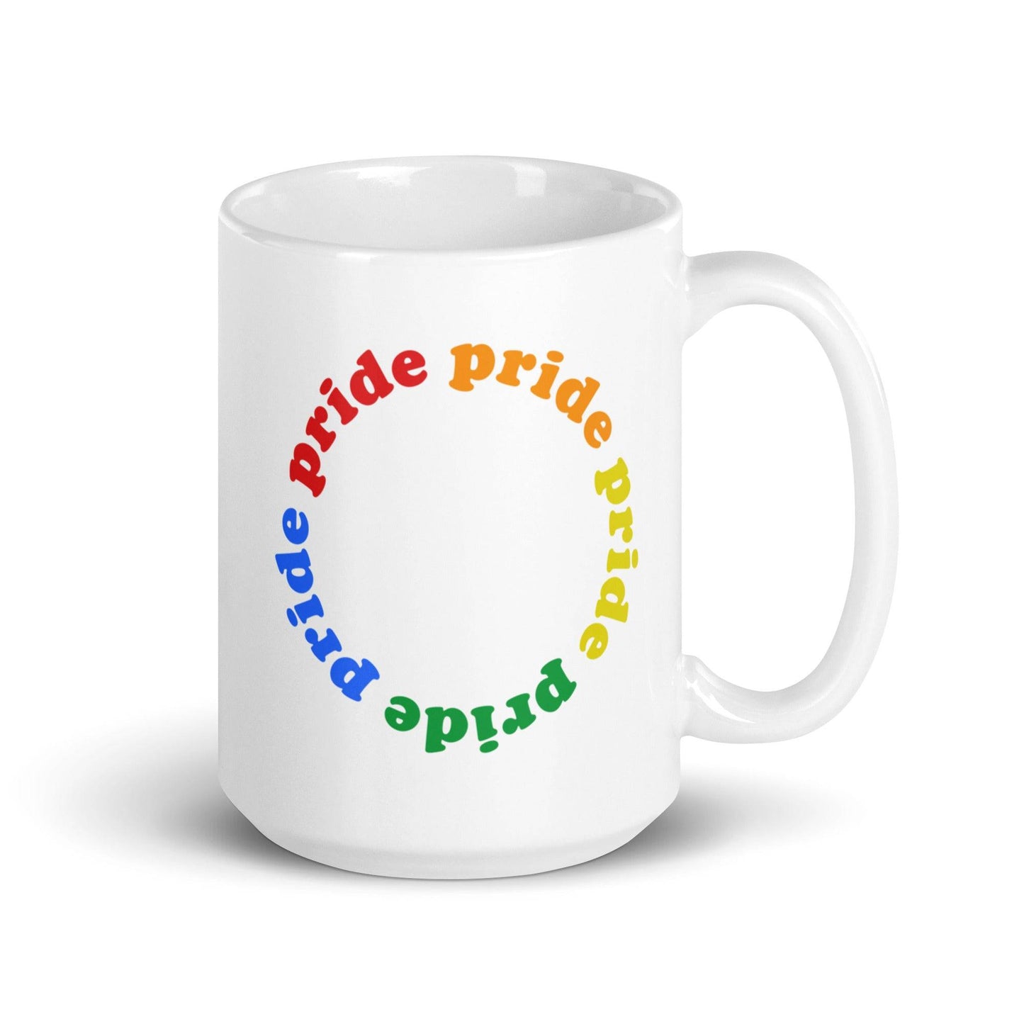 Pride Circle Mug by Pridelity from the Pride Collections 2025, showcasing the word "pride" in a lively and colorful circular design. This pattern includes shades of red, orange, yellow, green, and blue to symbolize diversity and inclusivity.