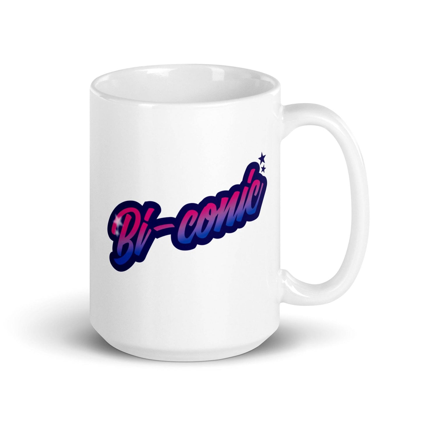The Bi-Conic Mug from Pridelity's Pride Merch collection showcases the word "Bi-conic" in bold, stylized lettering with a pink-to-blue gradient. Two small star accents add a delightful touch near the text, embracing identity and inclusivity.