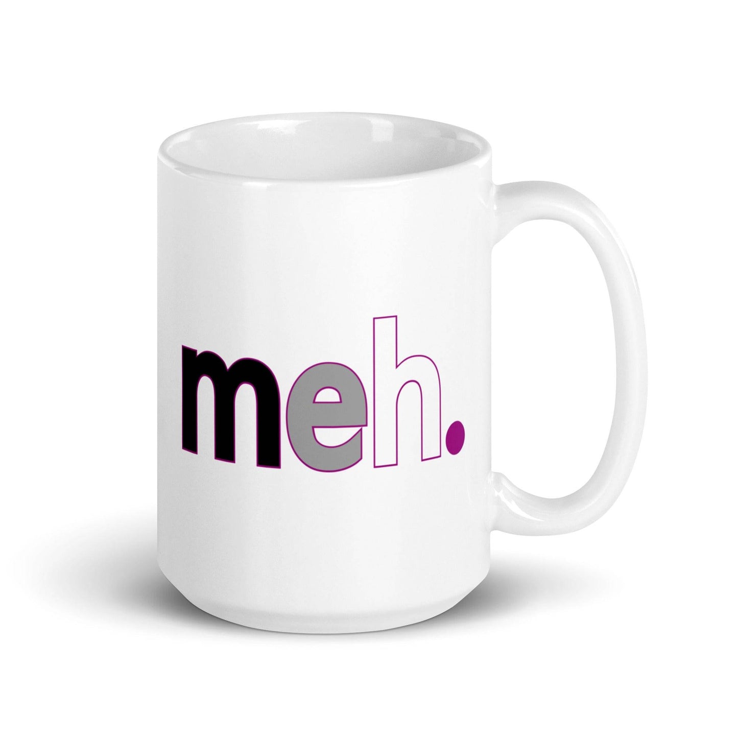A white mug by Pridelity from the Pride Collections 2025, featuring "meh." in bold black and purple text on the side.