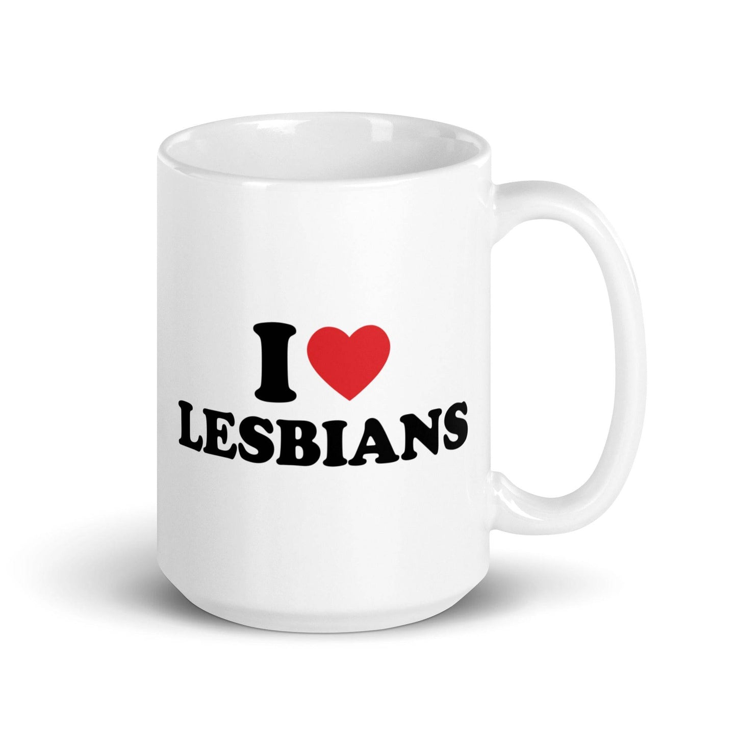 White mug featuring the bold text "I ♥ LESBIANS" in striking black letters, a standout piece from Pridelity's best pride collections of 2025.