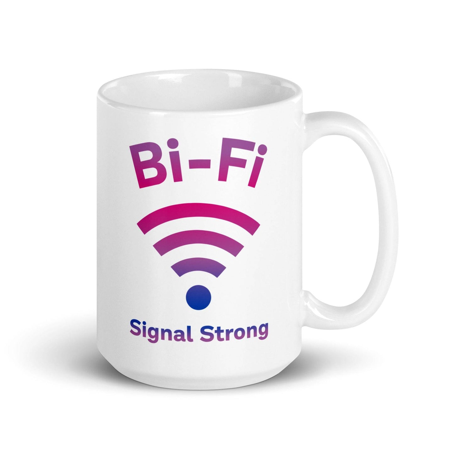The Bi-Fi Mug by Pridelity showcases the text "Bi-Fi" in bold on a white surface, accompanied by a purple and pink Wi-Fi symbol with "Signal Strong" written beneath it. As part of our Pride Merch, this design creatively merges "bi" and "Wi-Fi" elements, offering a fun addition to your Pride Collections.