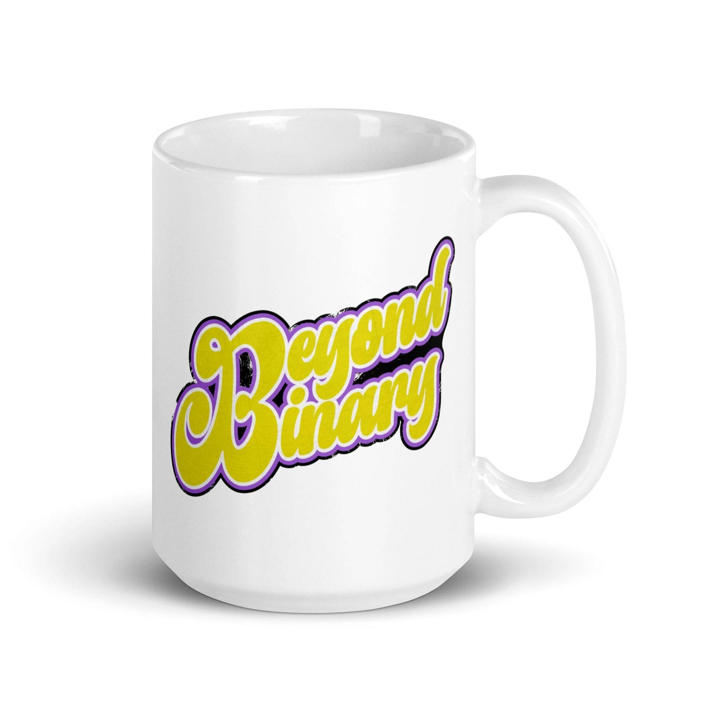 Introducing the Beyond Binary Mug from Pridelity, featuring bold, retro-style lettering with the phrase "Beyond Binary." This exclusive piece from our Pride Collections showcases non-binary gender identity themes with its striking yellow text outlined in purple.