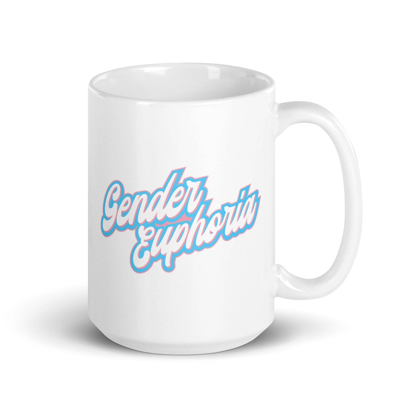 A product from Pridelity's best Pride collections for 2025, the Gender Euphoria Mug features a white coffee mug with the phrase "Gender Euphoria" elegantly scripted in blue and pink against a plain white backdrop.