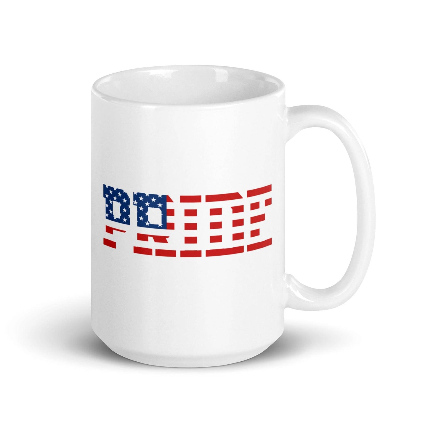 The American Pride Mug from Pridelity's Pride Collection showcases the word "PRIDE" in bold with an American flag design, elegantly incorporating blue and red stars and stripes.