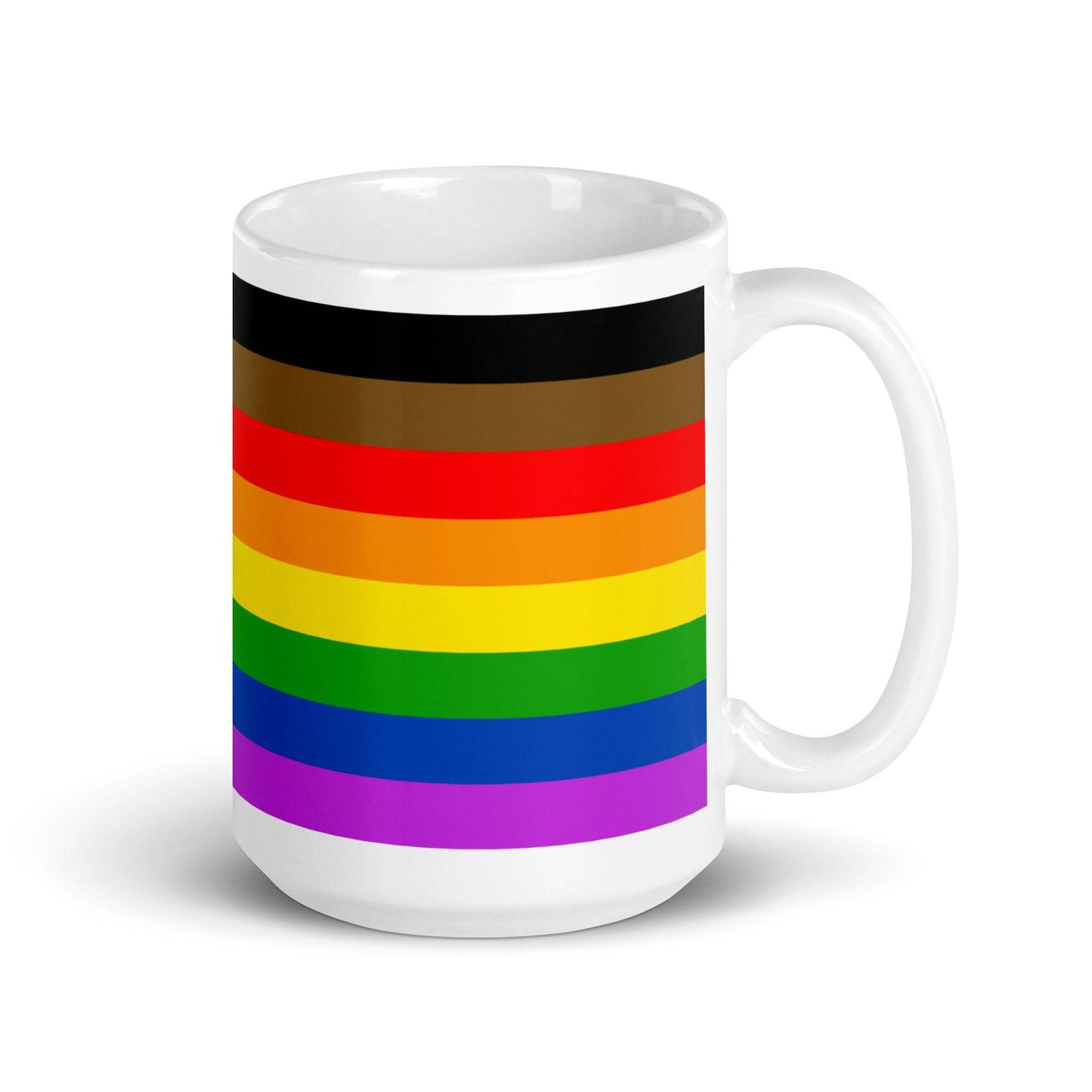 Philadelphia Pride Mug with bold rainbow design, including black and brown stripes, ideal for adding a touch of pride to your kitchen collection.
