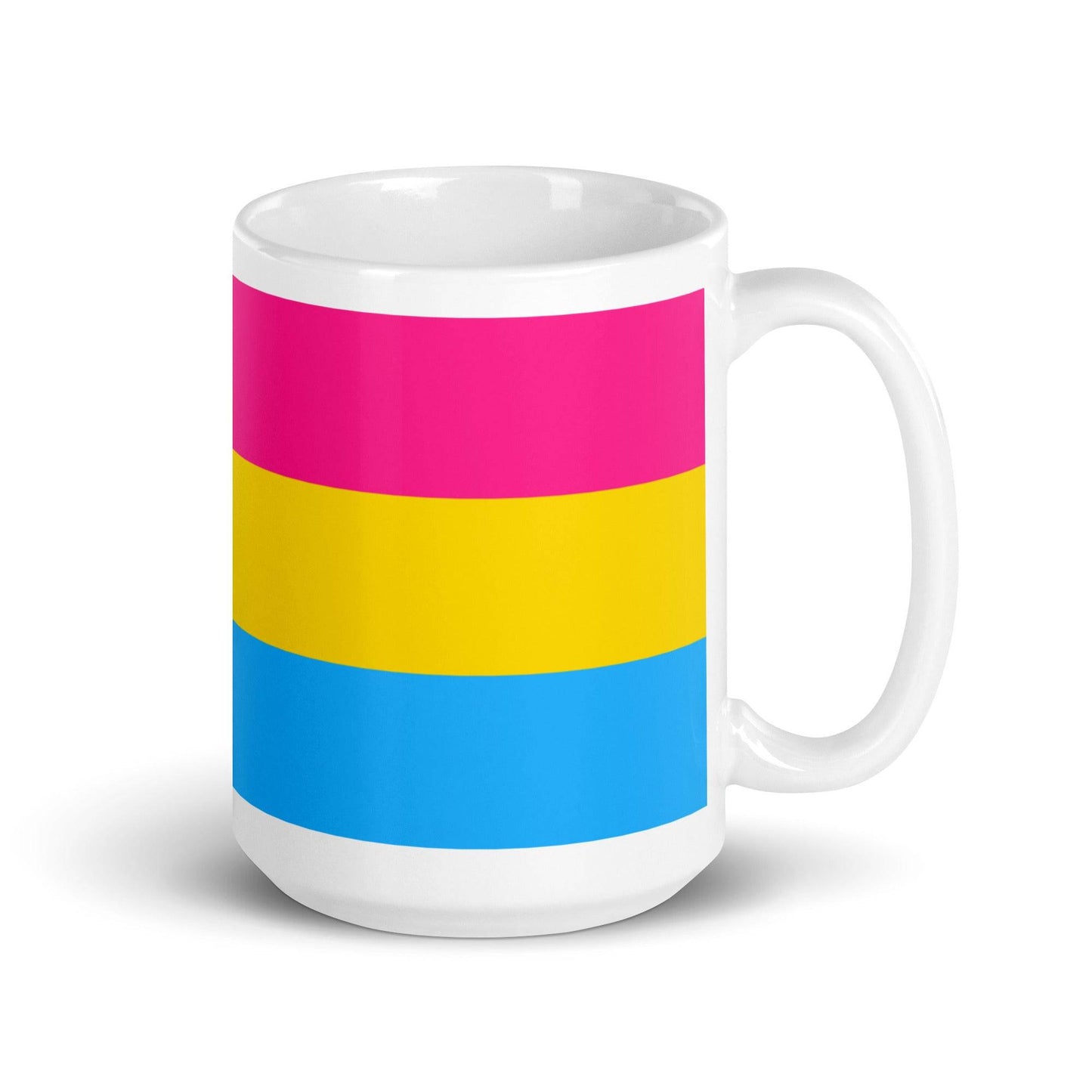 High-quality Pan Pride Mug showcasing pink, yellow, and blue stripes. Ideal for expressing pride while enjoying your favorite beverages.