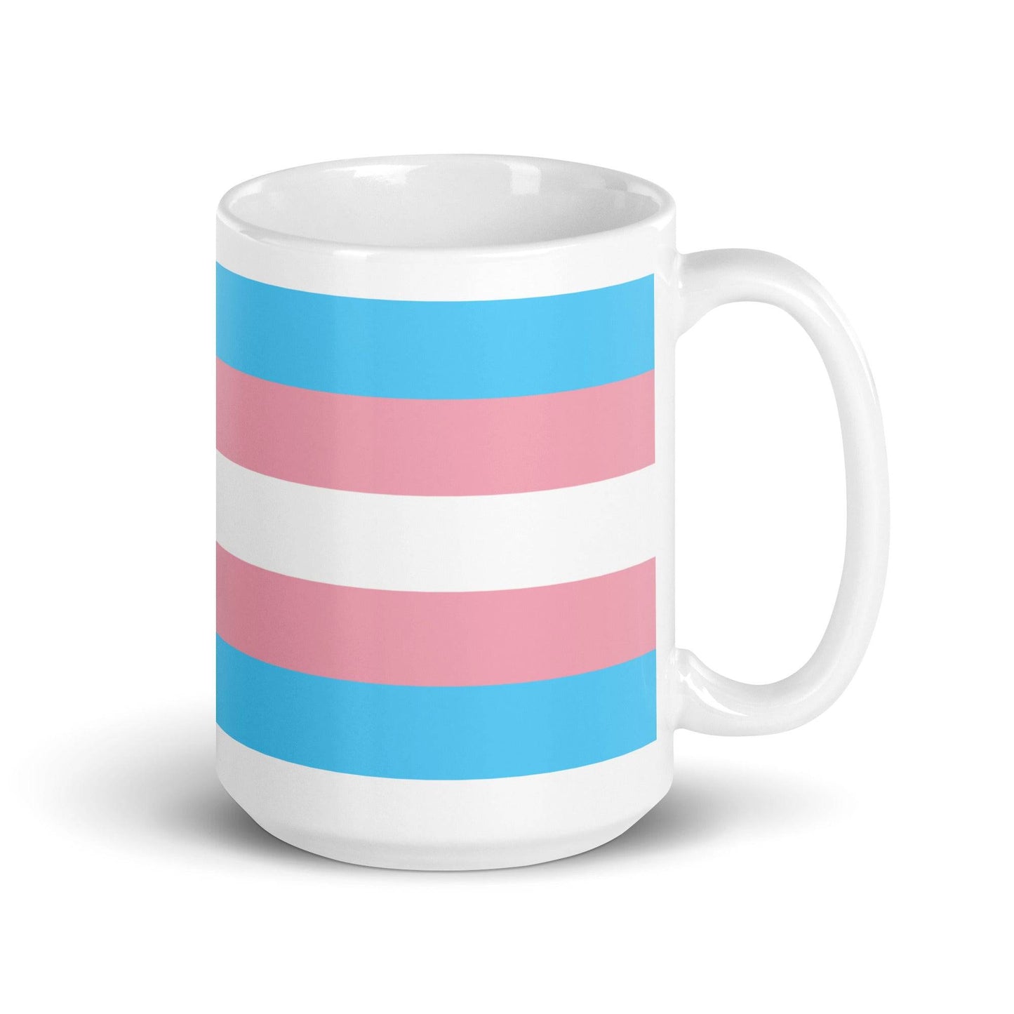 Tall Transgender Pride Mug showcasing pastel blue, pink, and white stripe design. Ideal for daily use in kitchen and dining settings.