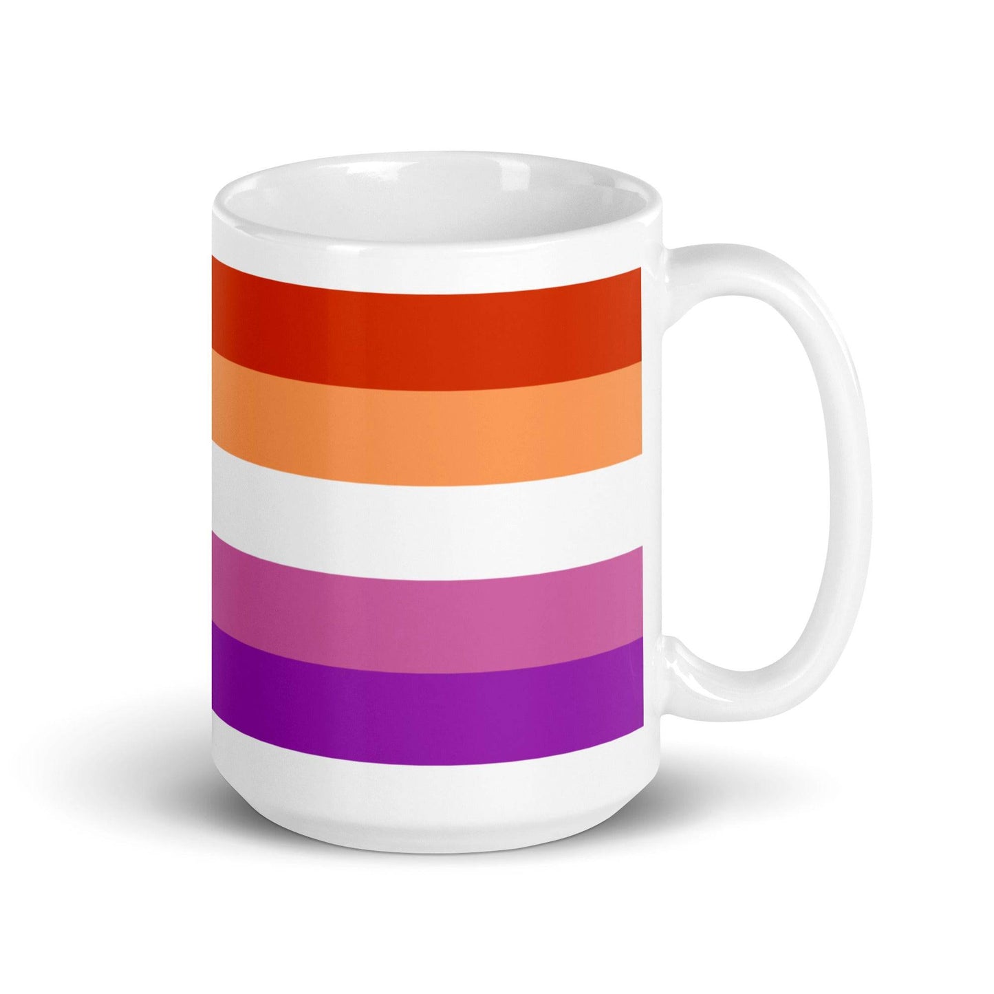 High-quality Lesbian Pride Mug showcasing red, orange, white, pink, and purple stripes. A stylish addition to any drinkware collection.