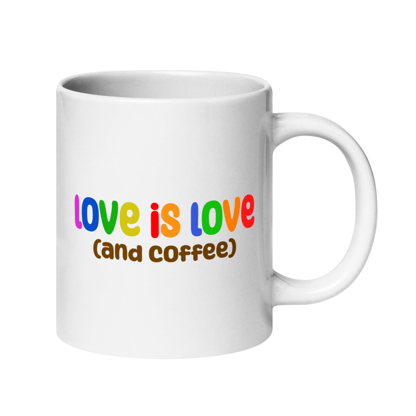 A Pridelity mug from the Pride Collections 2025, called "Love Is Love (and coffee)," showcases the phrase in colorful, bold letters.