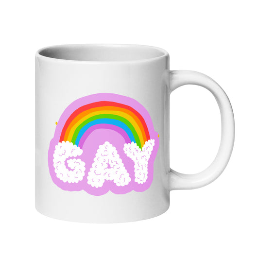 As a standout piece from Pridelity's Pride Collections 2025, the Gay Rainbow Mug showcases a lively rainbow and the word "GAY" in puffy white letters set against a cheerful pink backdrop.