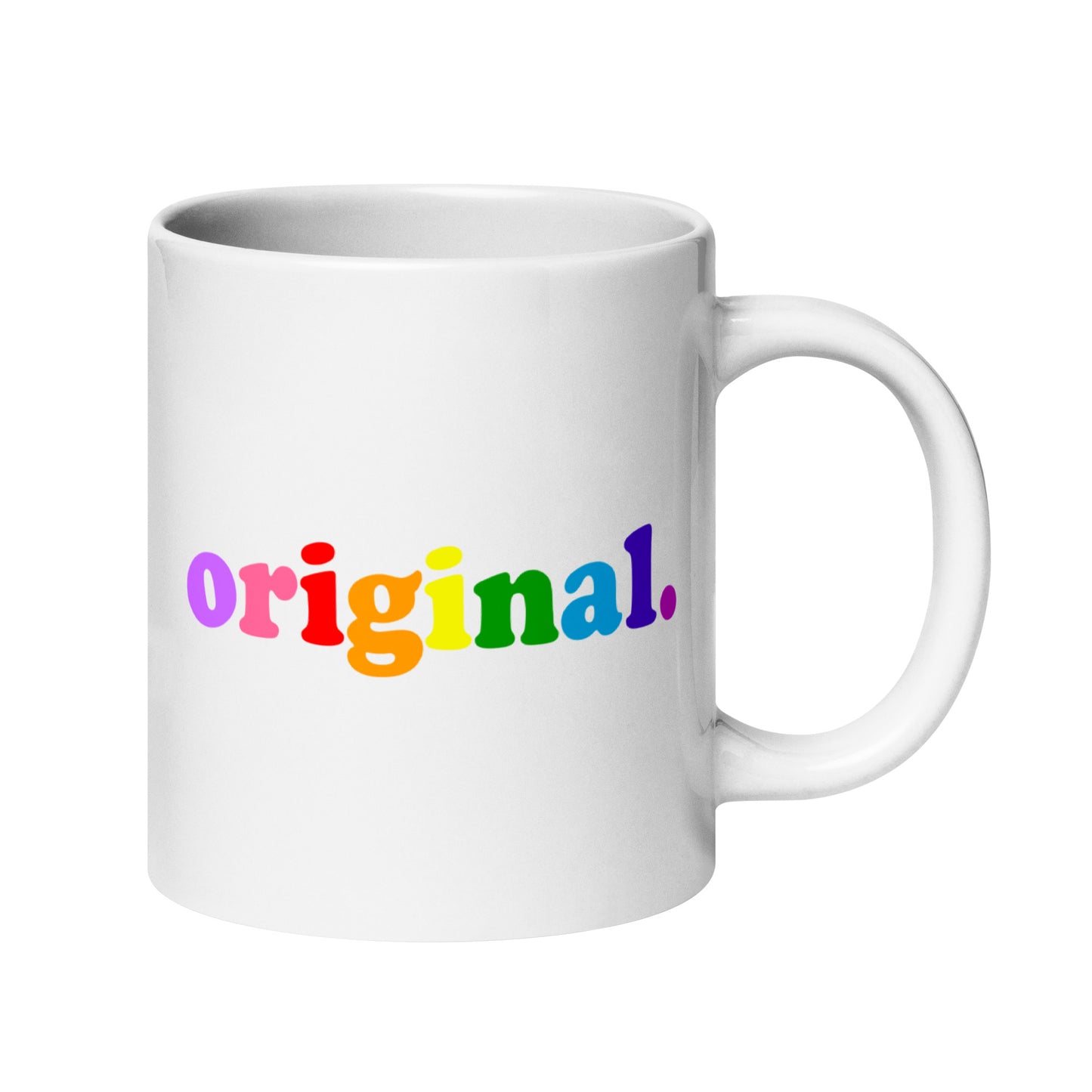 A white mug from Pridelity's Original Mug collection in the Pride Collections 2025 showcases the word "original" elegantly styled in lowercase letters, with each letter appearing in a distinct rainbow hue—purple, blue, light blue, green, yellow, orange, and red—representing unity and diversity with vivid charm.