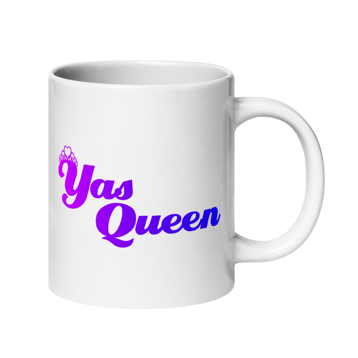 A white "Yas Queen" mug with bold, colorful letters from the Pridelity Pride Collection 2025.