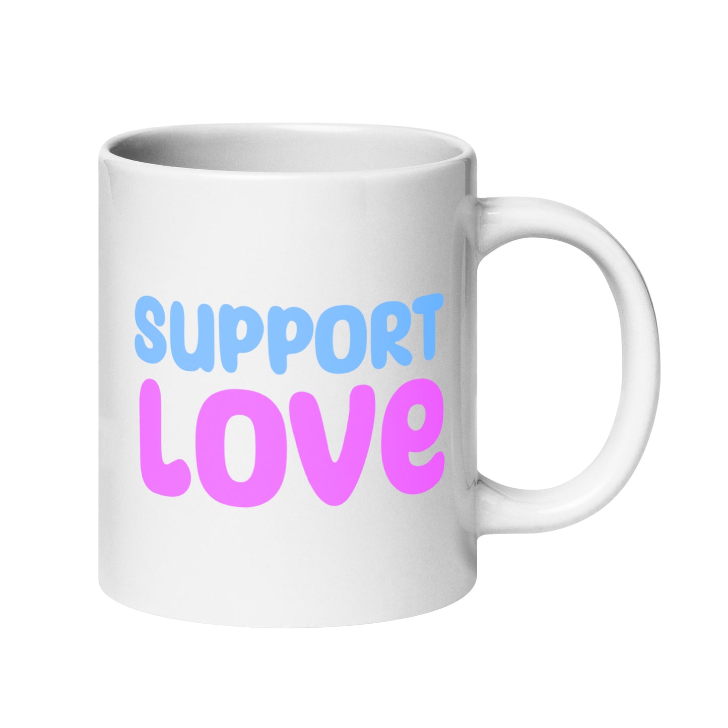 The Support Love Mug by Pridelity, from the Pride Collections 2025, showcases "SUPPORT LOVE" in blue and pink fonts on a white background, symbolizing a vibrant celebration of inclusivity.