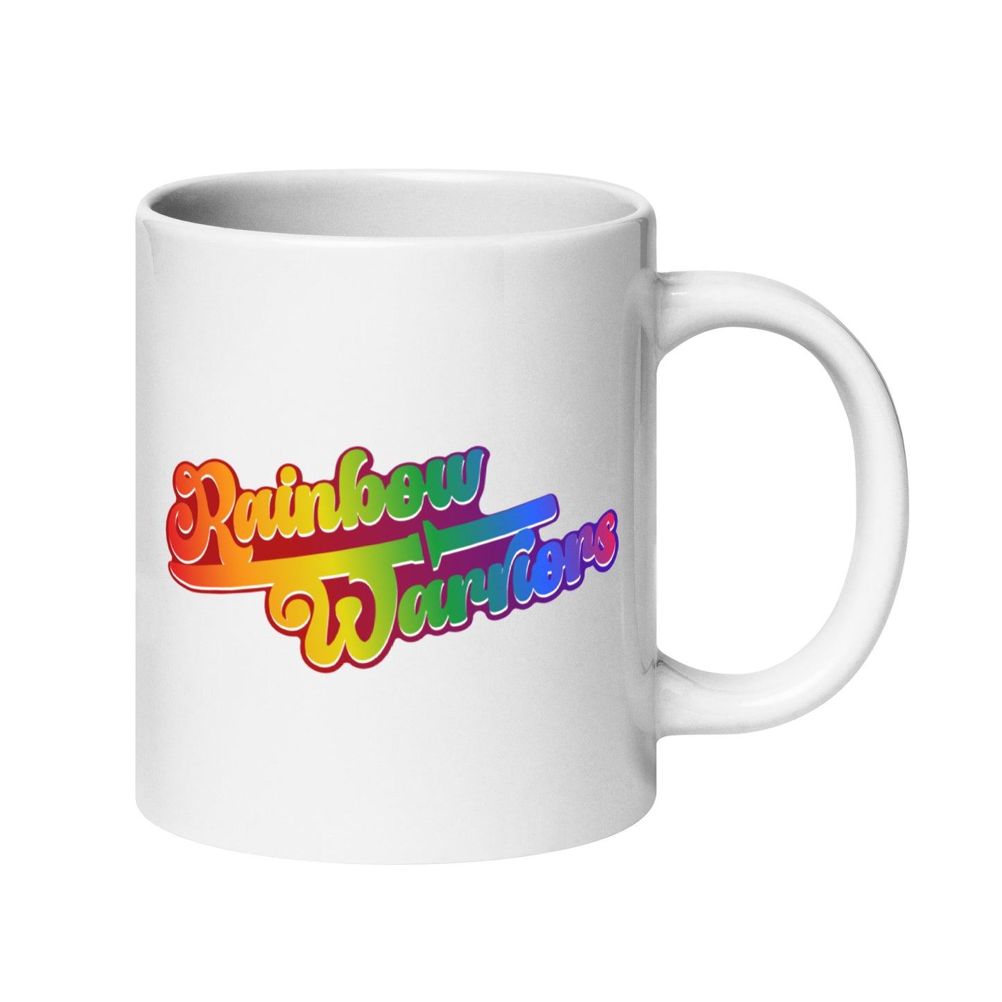 This Pridelity "Rainbow Warriors" Mug features colorful, retro-style lettering on a white background, making it a perfect addition to pride collections 2025.