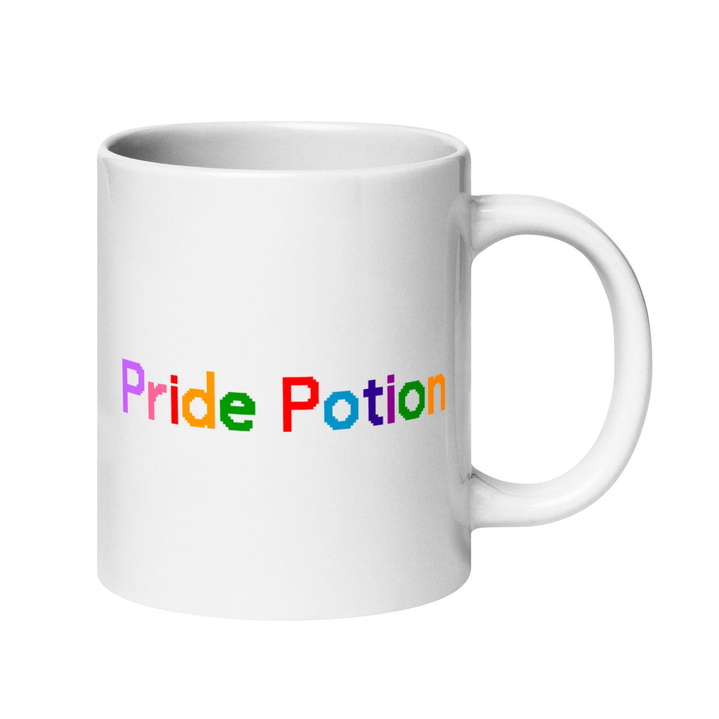 White mug with "Pride Potion" in rainbow-colored letters, a vibrant addition to Pridelity's pride collection for 2025.