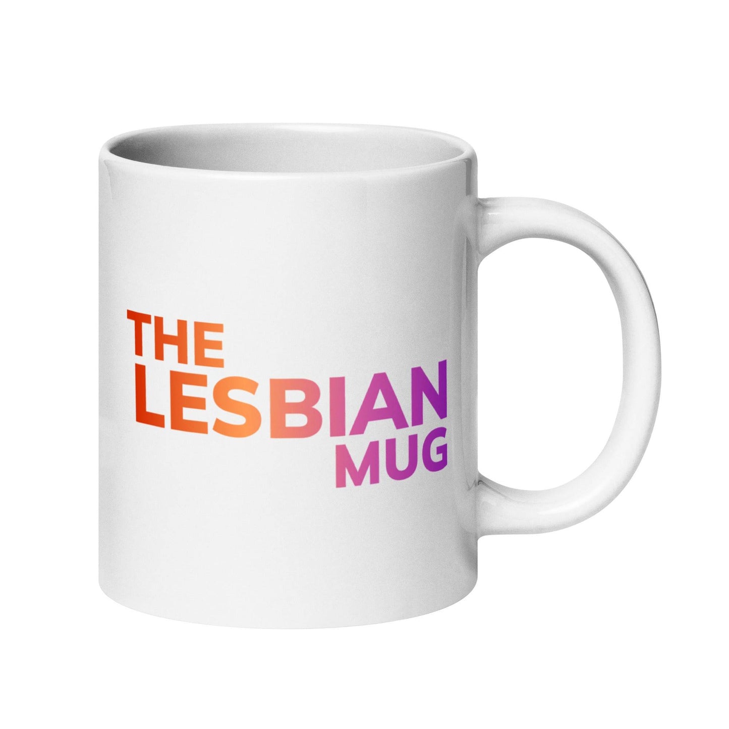 The Pridelity "The Lesbian Mug" is a stylish white ceramic mug featuring the phrase "THE LESBIAN MUG" in a striking gradient from orange to purple, prominently displayed at its center. A proud addition to the pride collections of 2025, it celebrates identity with flair.