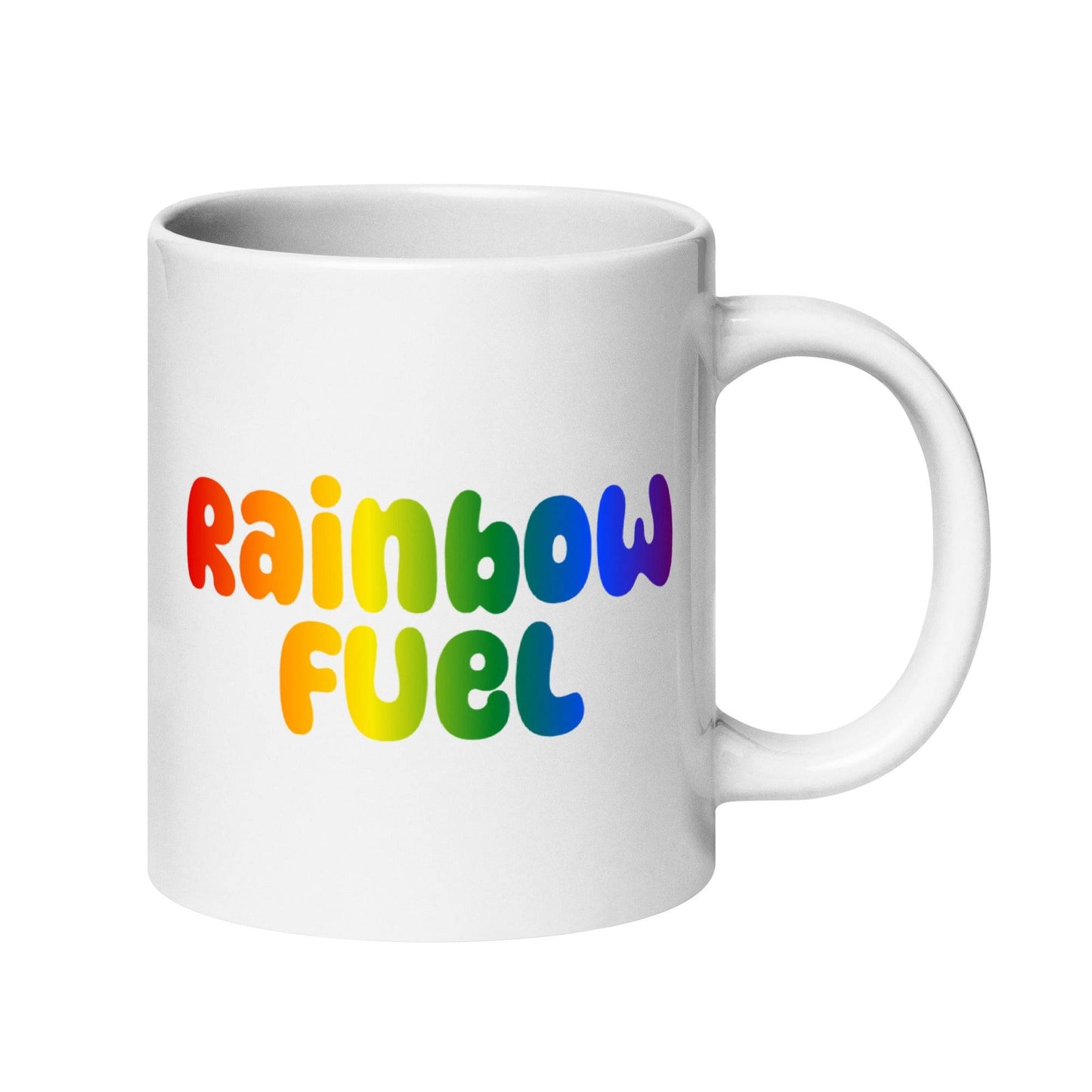 Introducing the Pridelity Rainbow Fuel Mug: a simple yet vibrant white mug featuring "Rainbow Fuel" in bold, colorful letters with a stunning rainbow gradient, as part of our Pride Collections 2025. The handle is conveniently placed on the right side.