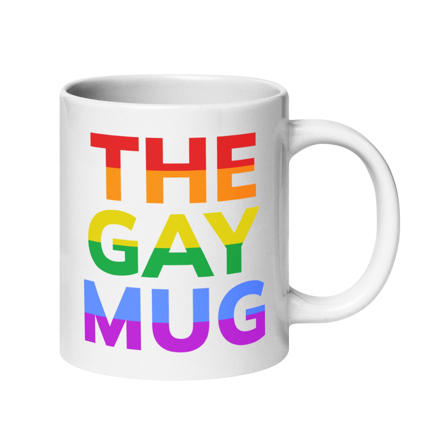 A product from Pridelity, The Gay Mug, is a white mug from the Pride Collections 2025 series featuring "THE GAY MUG" in bold letters. Each word radiates in a different shade of the LGBTQ+ pride rainbow: red, orange, yellow, green, blue, and purple.
