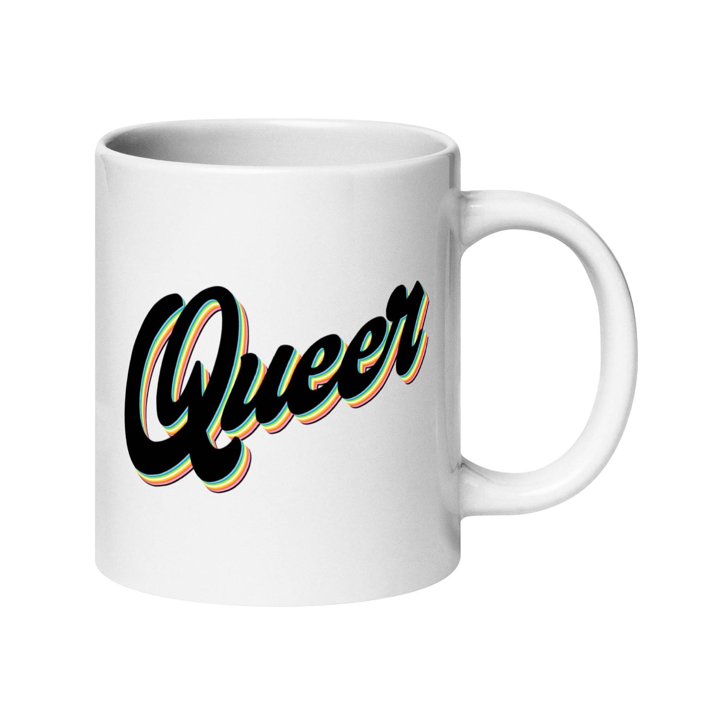 Pridelity's Queer Mug showcases the word "Queer" in bold, black cursive letters with a vibrant outline set against a plain white ceramic surface, and is part of our Pride Collections 2025.