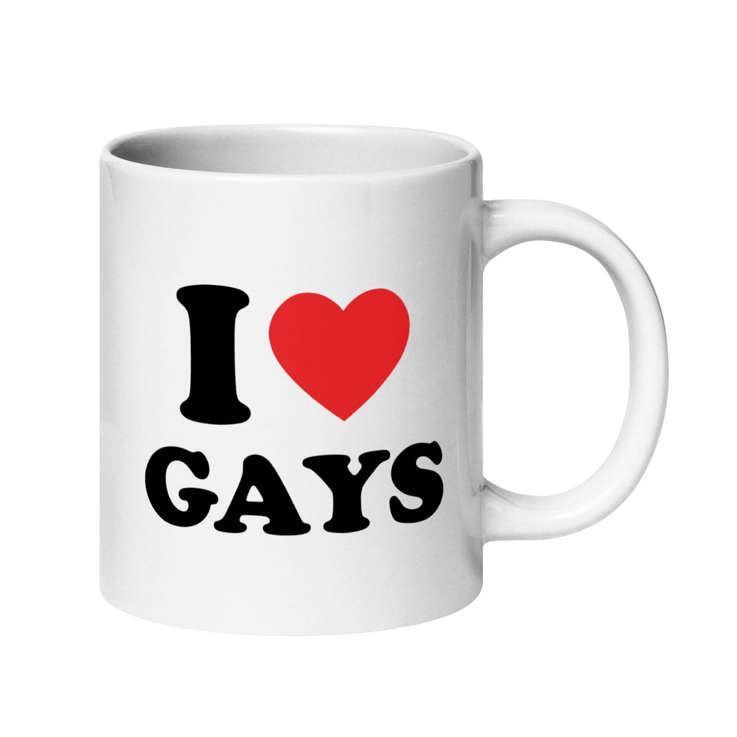 A white "I Love Gays Mug" from Pridelity's top pride collections 2025, showcasing the text "I ♥ GAYS" with the word "love" symbolized by a vibrant red heart.