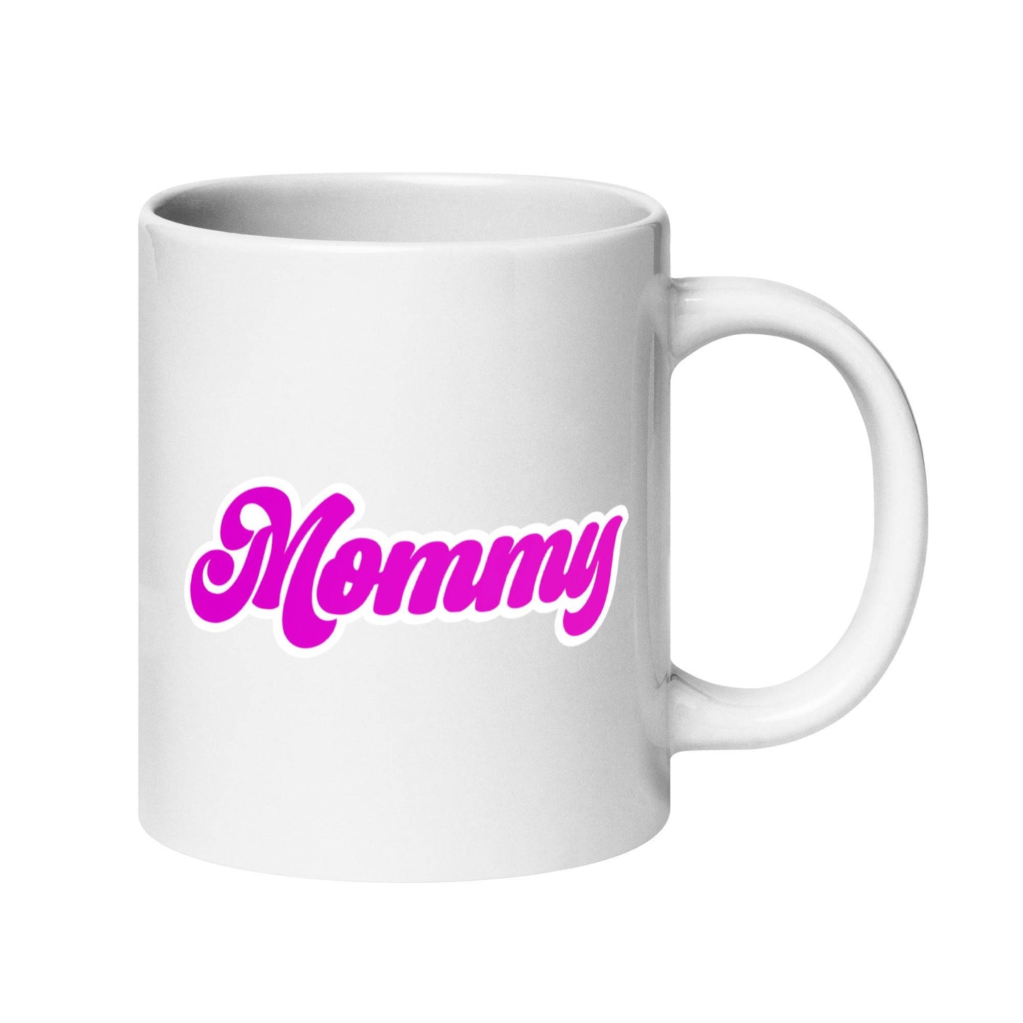 A Mommy Mug by Pridelity, part of the Pride Collections 2025, showcases "Mommy" printed in bold pink letters on a white ceramic mug.