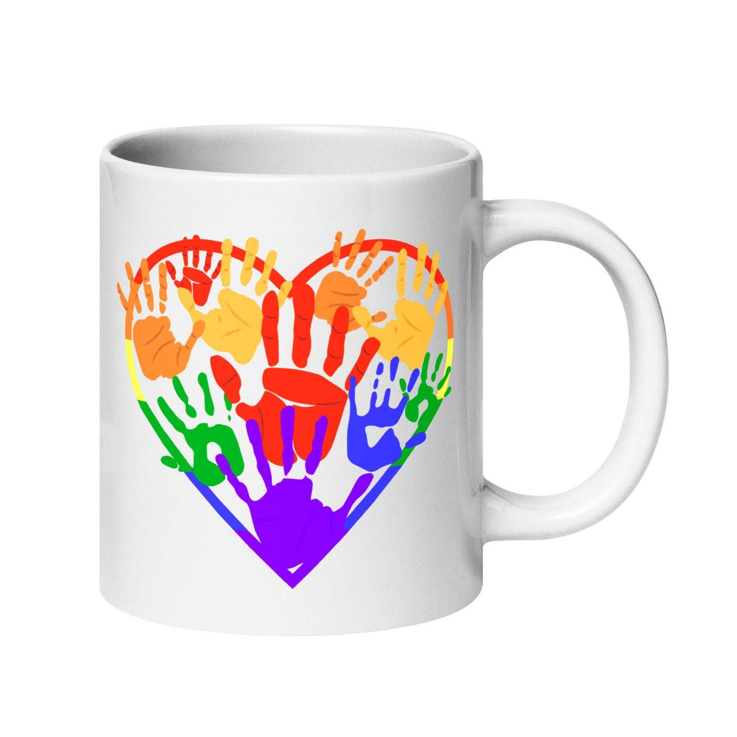 The Heart Hands Mug by Pridelity, part of the Best Pride Collections 2025, features a heart crafted from vibrant rainbow handprints, representing diversity and inclusion.