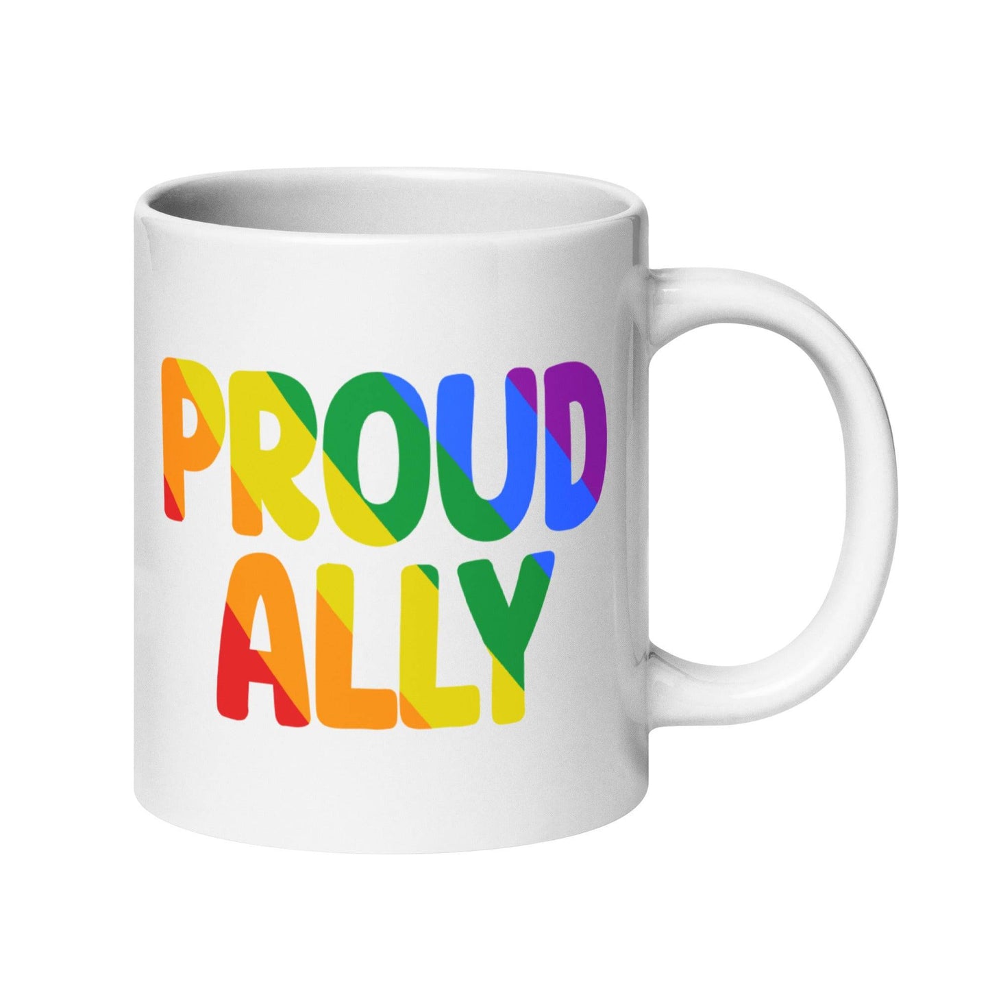A white mug from Pridelity's Pride Collections 2025, titled "Proud Ally Mug," showcases the words "Proud Ally" in bold, rainbow-colored letters.