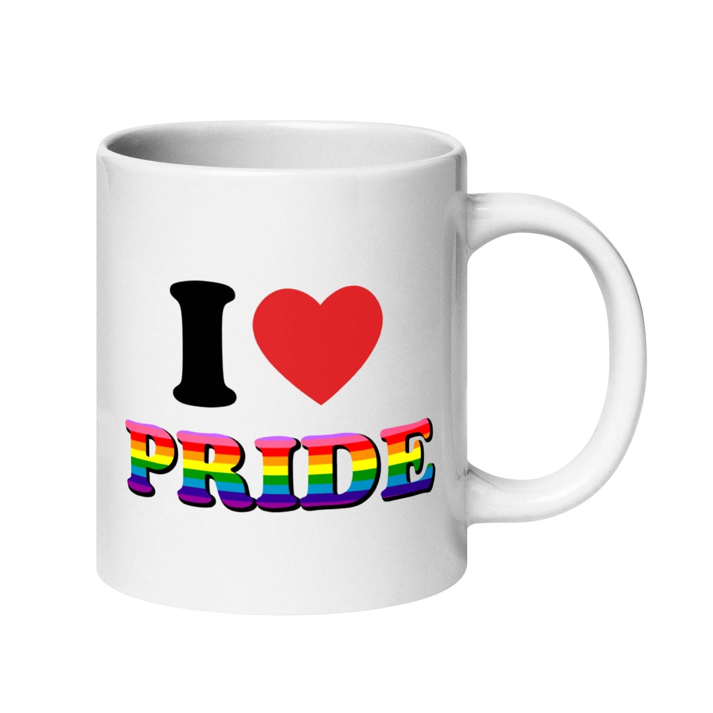The "I Love Pride Mug" from Pridelity is a white mug featuring the words "I ♥ PRIDE," with "PRIDE" in bold, rainbow hues, representing LGBTQ+ pride. It is a highlight of the best pride collections for 2025, honoring love and diversity.