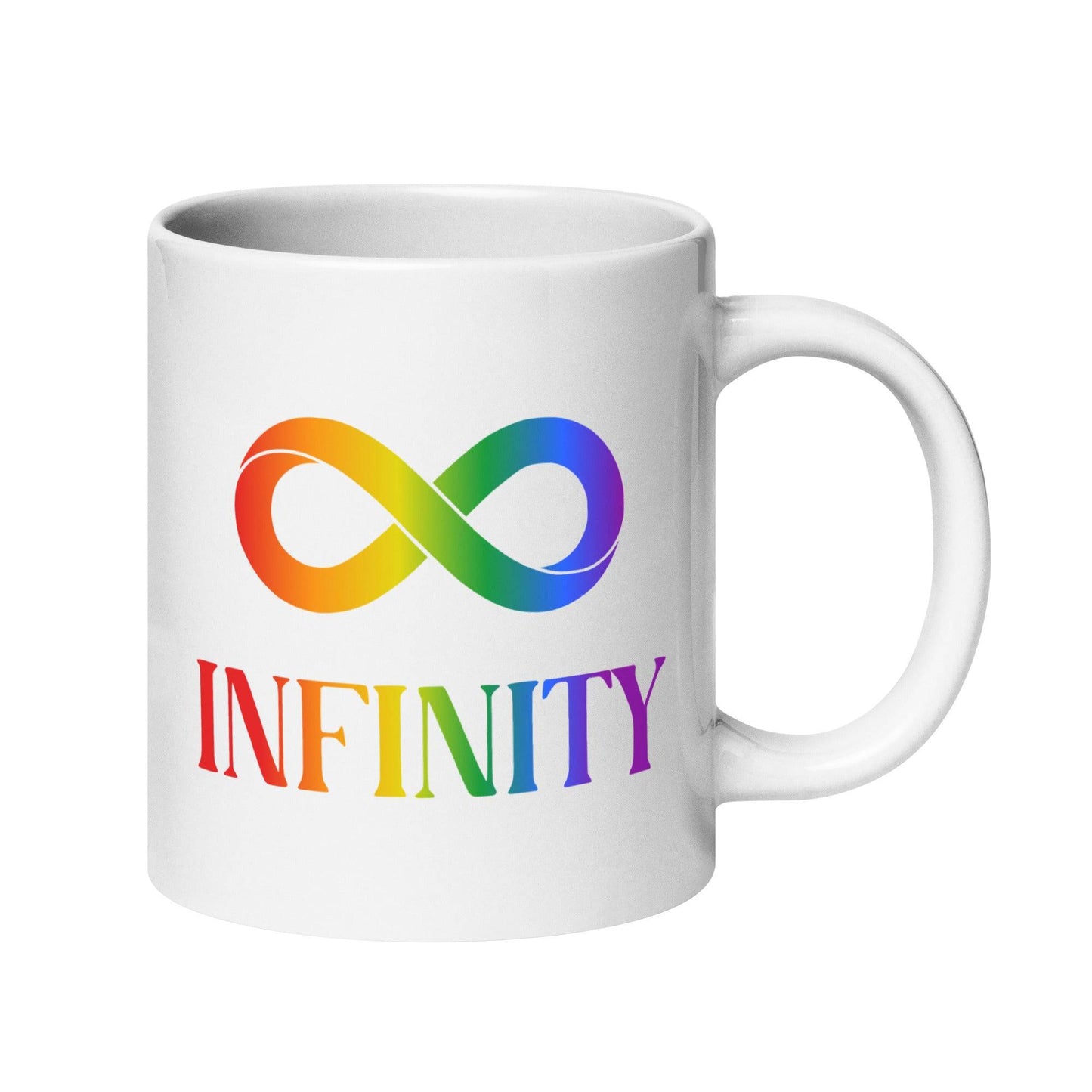The Infinity Mug by Pridelity showcases a vibrant infinity symbol above the word "INFINITY," both with a rainbow gradient design, making it a standout piece in the finest pride collections of 2025.