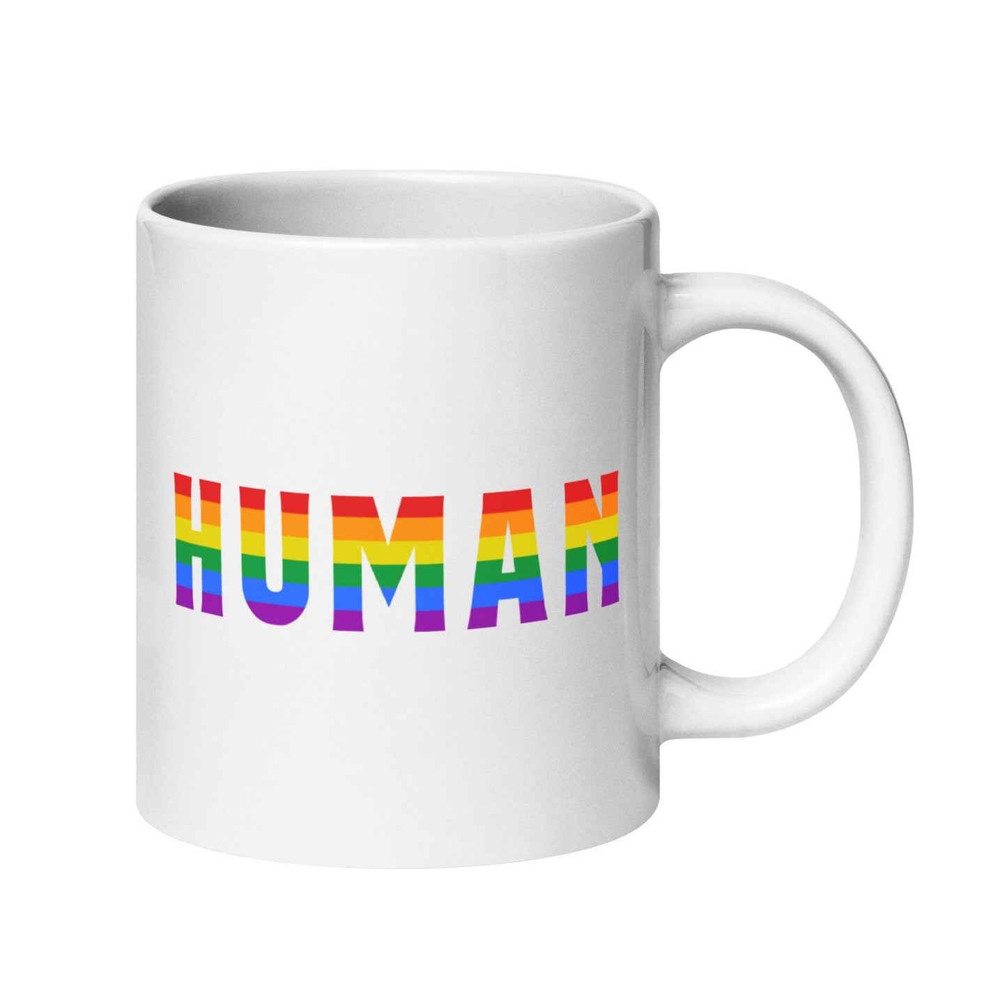 Introducing the Pridelity Human Mug, proudly featured in the best pride collections 2025, with "HUMAN" boldly displayed in a stunning rainbow gradient.