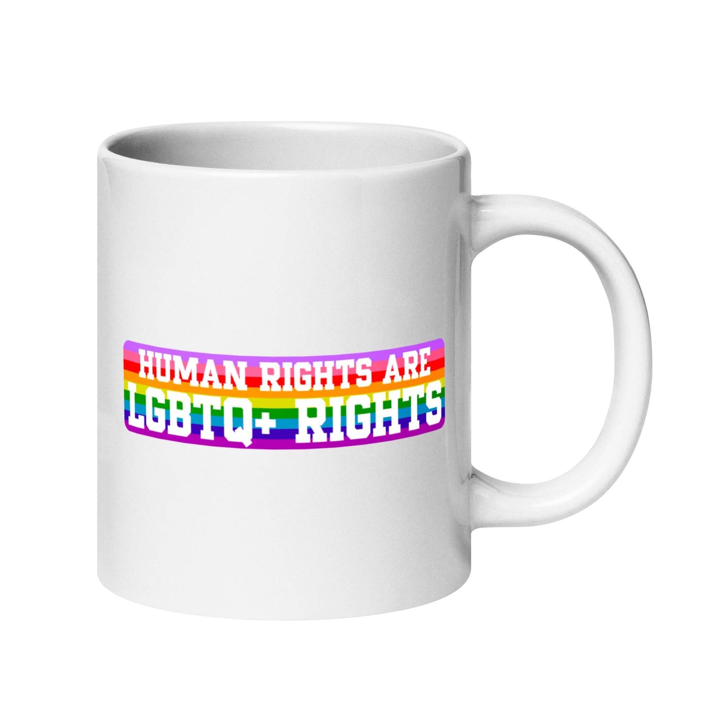 Pridelity's LGBTQ+ Rights Mug, featuring a vibrant rainbow design and the phrase "Human Rights Are LGBTQ+ Rights," is included in our Pride Collections 2025.