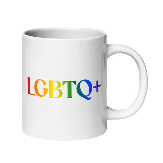 The LGBTQ+ Mug from Pridelity's 2025 Pride Collection features the letters "LGBTQ+" in vibrant rainbow colors, symbolizing diversity and inclusion. The bold typography contrasts against the simple white background, celebrating pride and equality for all.