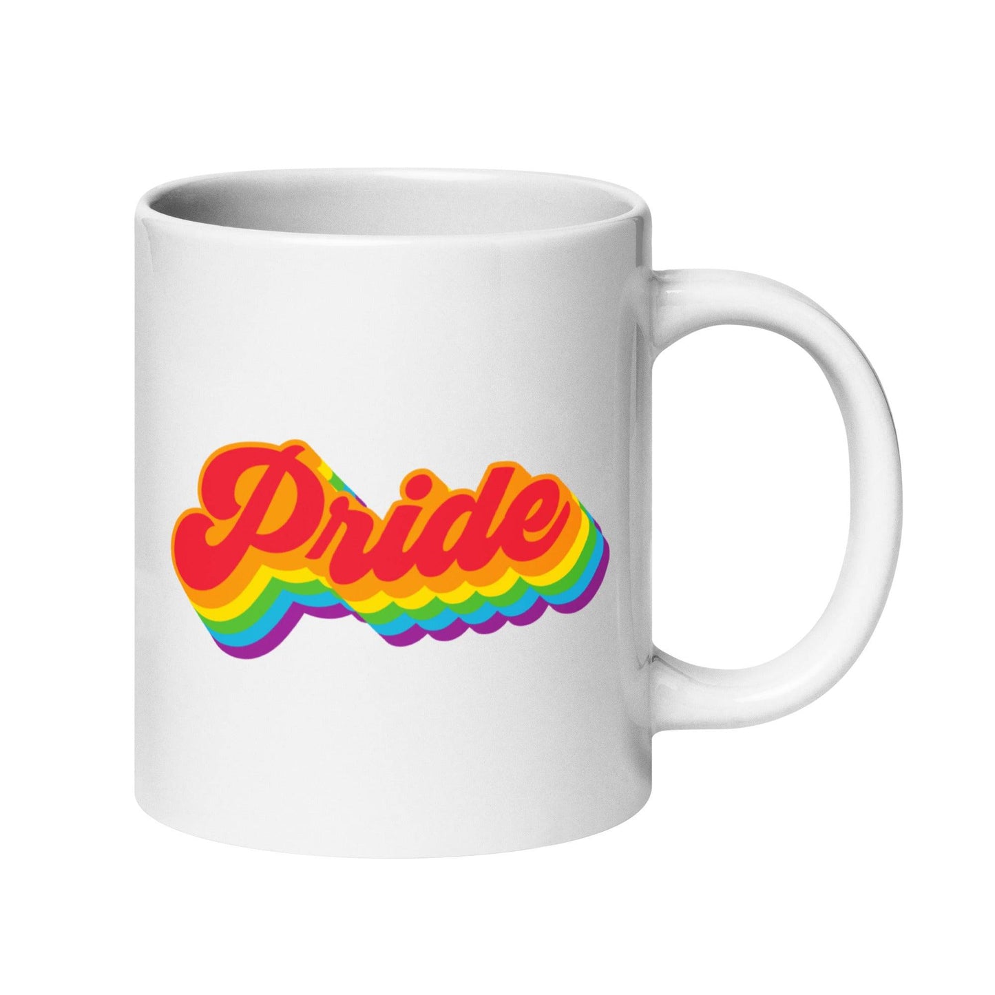 From Pridelity's Pride Collections 2025 series, the Pride Mug is a white mug decorated with the word "Pride" in bold, colorful rainbow letters and a striking 3D effect.
