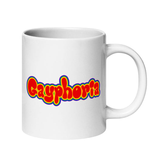 Introducing the Gayphoria Mug by Pridelity—a white mug adorned with vibrant, bold lettering that spells out "Gayphoria" in a playful, retro style, making it a standout piece in the best pride collections of 2025.