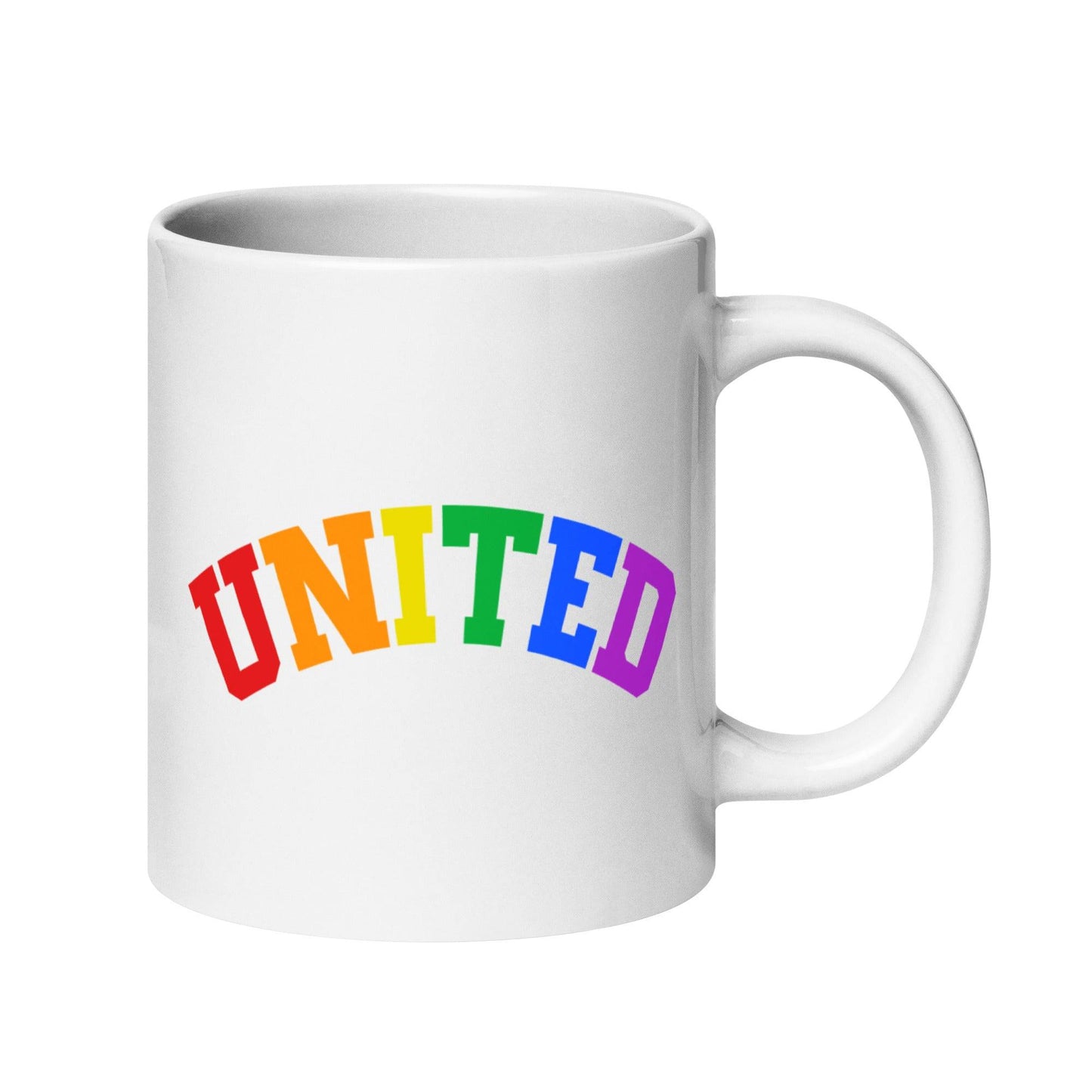 A mug from Pridelity's Pride Collection 2025, known as the United Mug, showcases the word "UNITED" in bold, rainbow-colored letters on a white background.