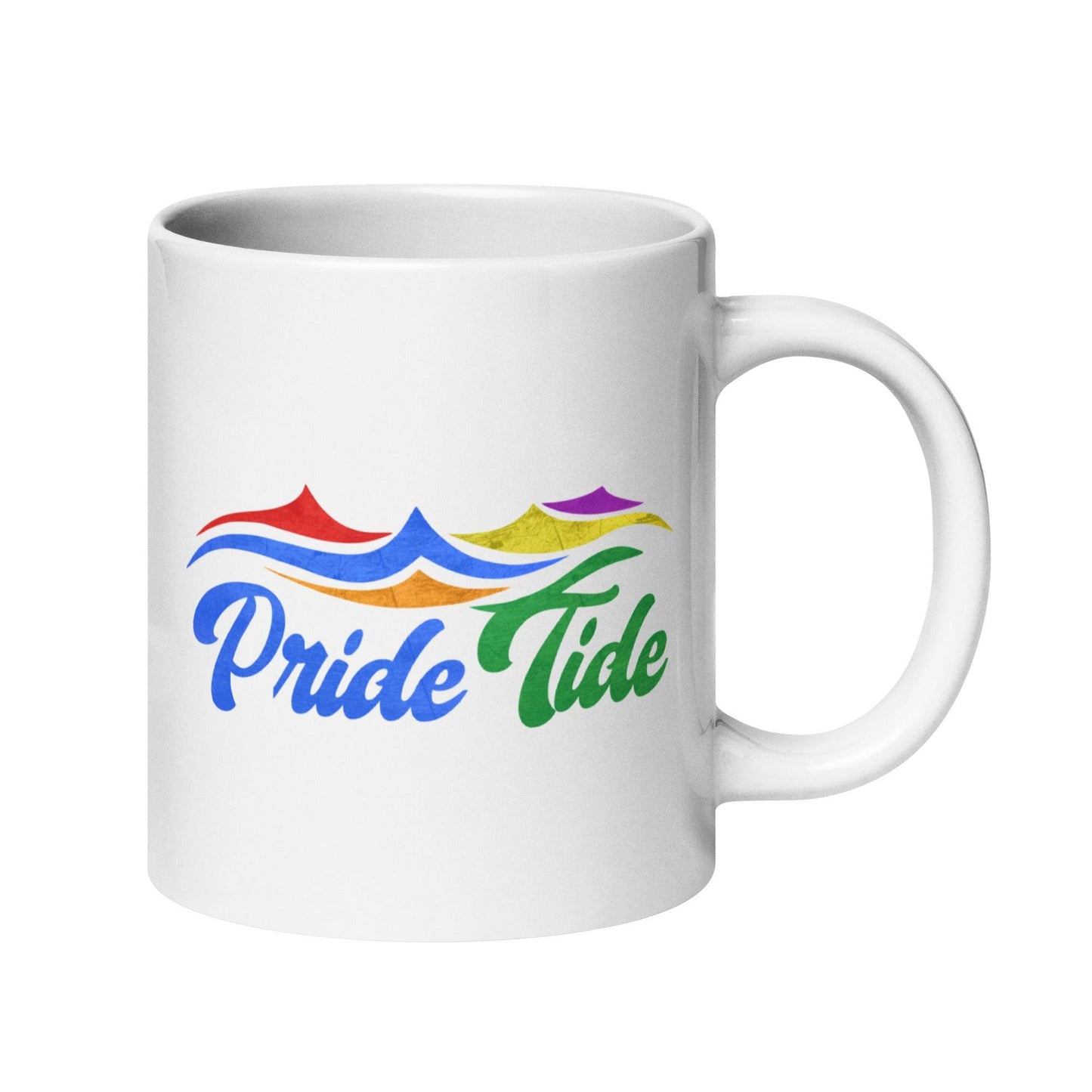 The Pride Tide Mug by Pridelity features a striking design with the text "Pride Tide" in a stunning blue-to-green gradient. Above, captivating abstract wave shapes in red, orange, blue, and green add an artistic touch. As part of the 2025 pride collection, this mug celebrates diversity in vibrant style.
