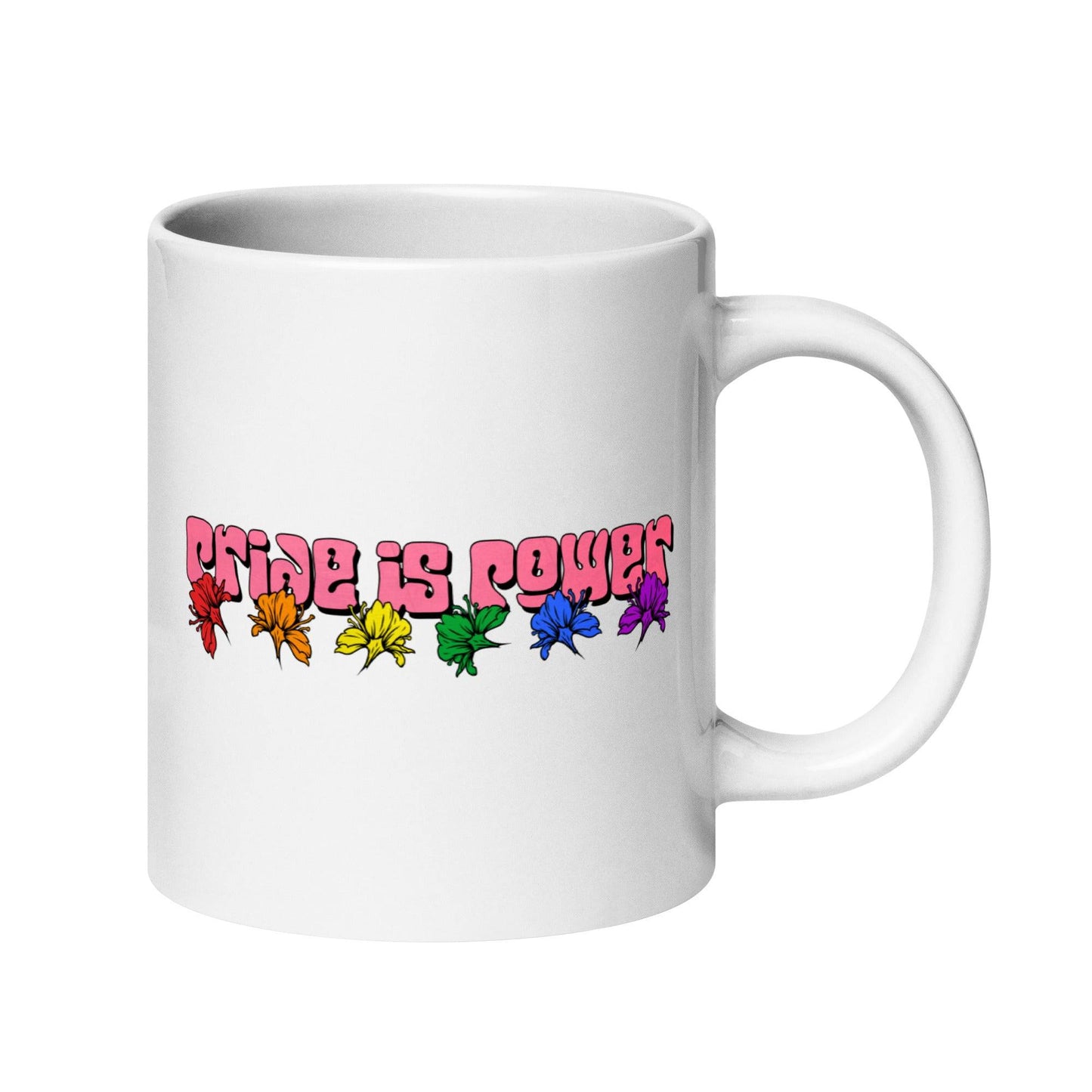 The Pride Is Power Mug from Pridelity's Pride Collections 2025 is a white mug adorned with the phrase "Pride Is Power" in bold pink letters, and features a vibrant row of rainbow-hued flowers beneath the text, symbolizing diversity and inclusivity.