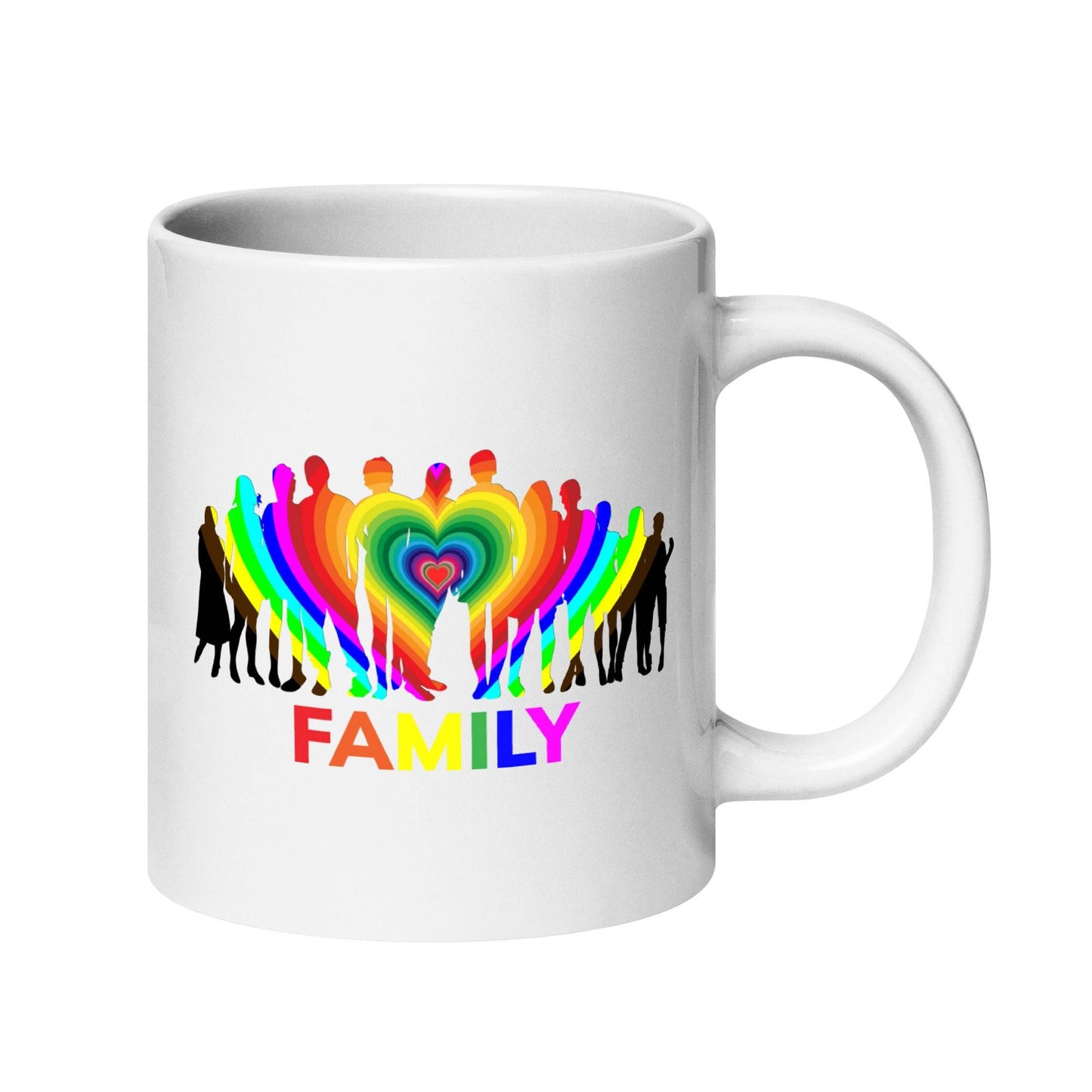 Introducing the "Family Mug" from Pridelity's top Pride collections for 2025. This white mug beautifully displays silhouettes of people with rainbow-colored hearts encircling them, symbolizing unity. The vibrant rainbow letters spell out the word "FAMILY" beneath the design.