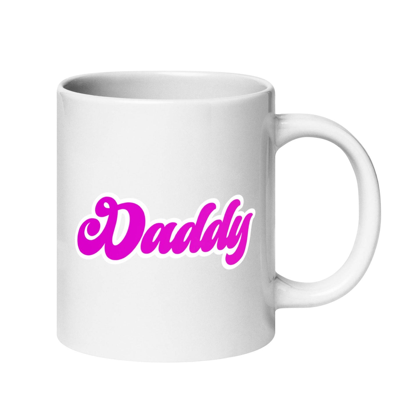 The Pridelity Daddy Mug is a white mug featuring the word "Daddy" in bold, pink script on one side, making it perfect for celebrating Pride.