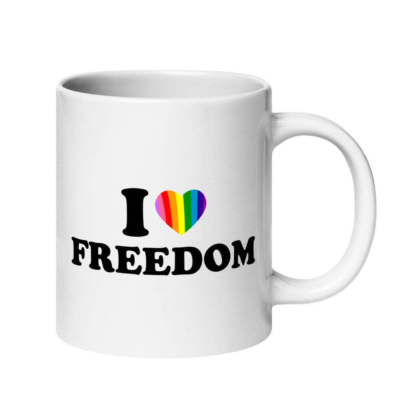 The "I Love Freedom Mug" by Pridelity is a white mug adorned with the text "I ♥ FREEDOM," where the heart symbol is filled with rainbow colors, making it a standout piece in the best pride collections of 2025.